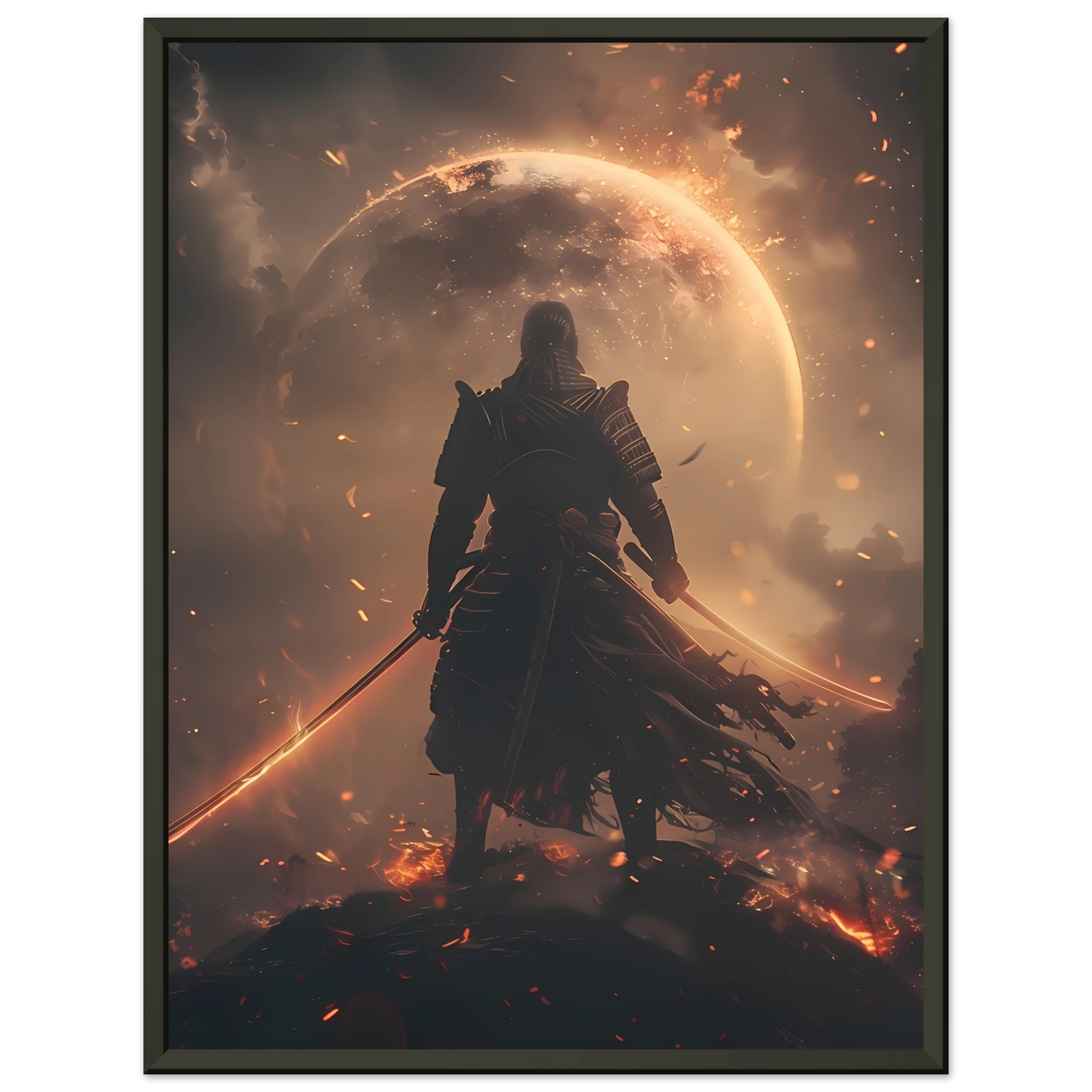 Samurai astronaut posed on glowing synthwave planet with neon armor — cinematic mashup.