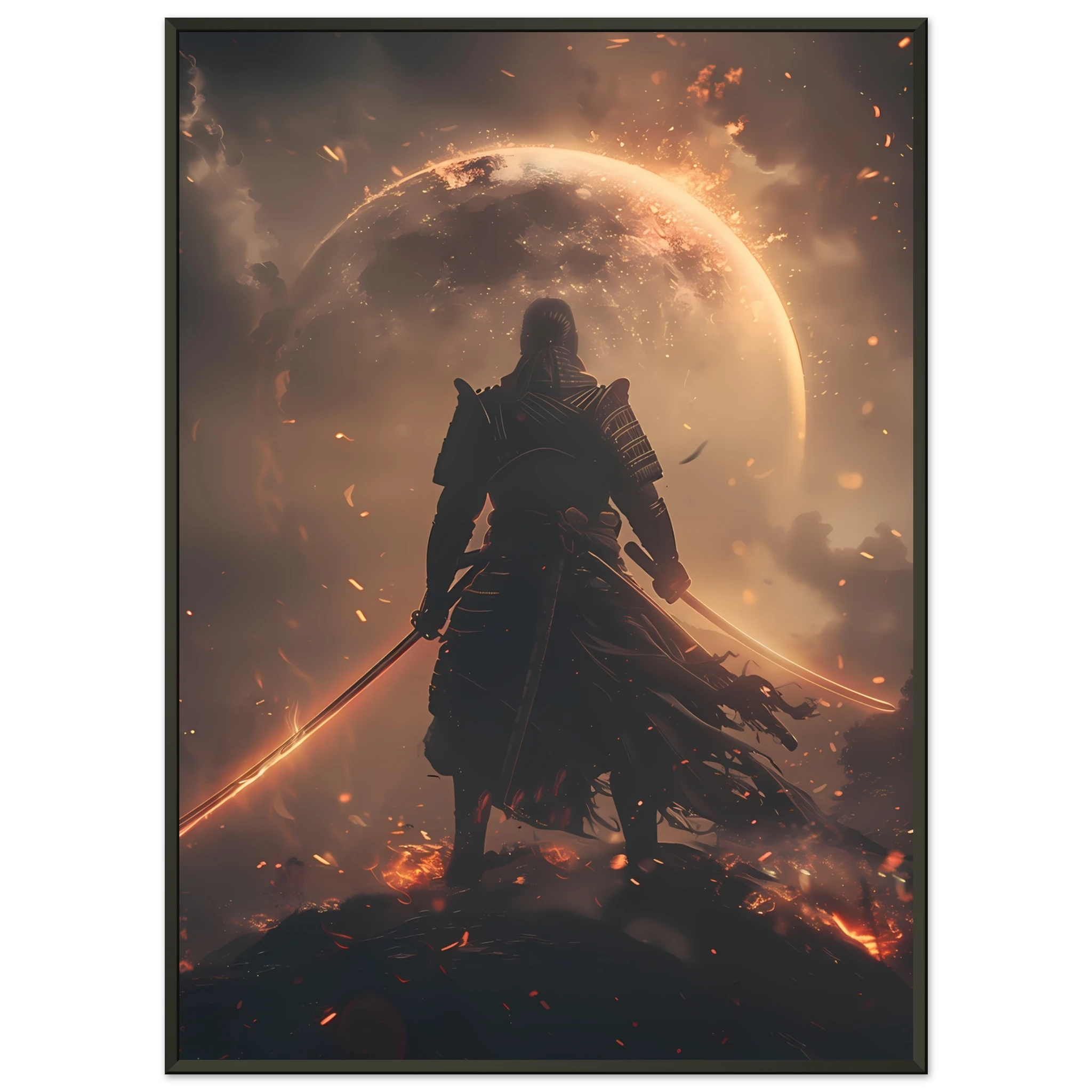 Samurai astronaut posed on glowing synthwave planet with neon armor — cinematic mashup.