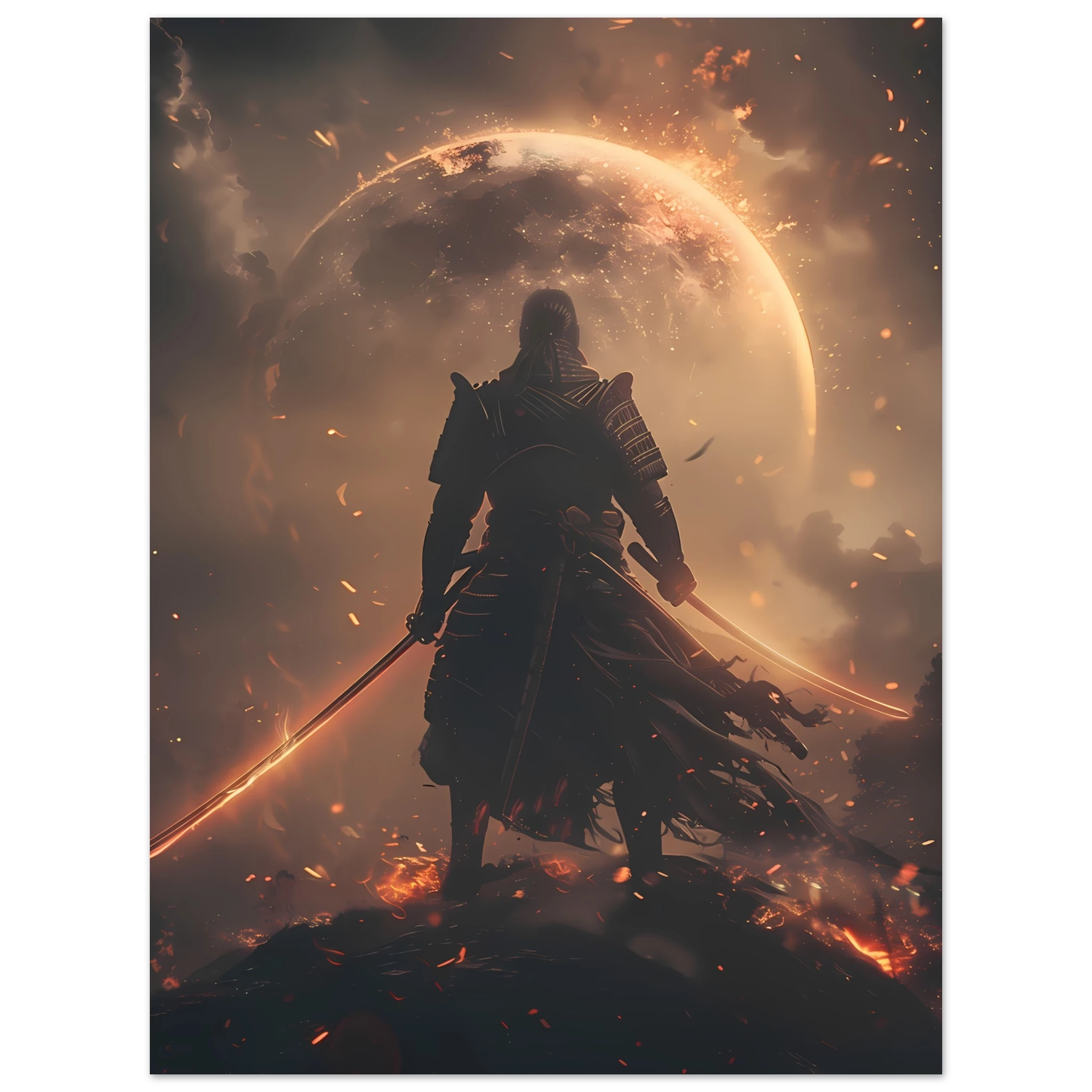 Samurai astronaut posed on glowing synthwave planet with neon armor — cinematic mashup.