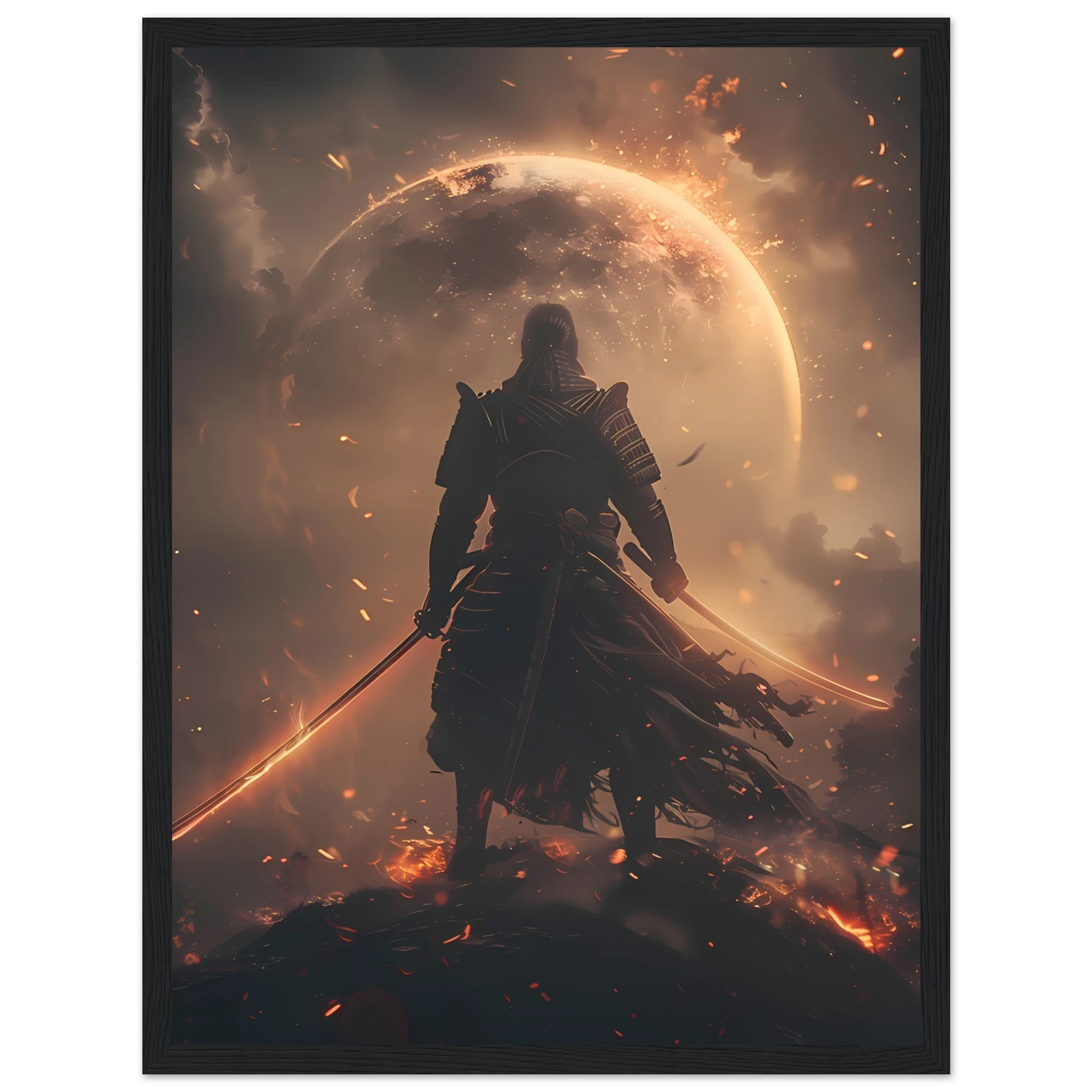 Samurai astronaut posed on glowing synthwave planet with neon armor — cinematic mashup.