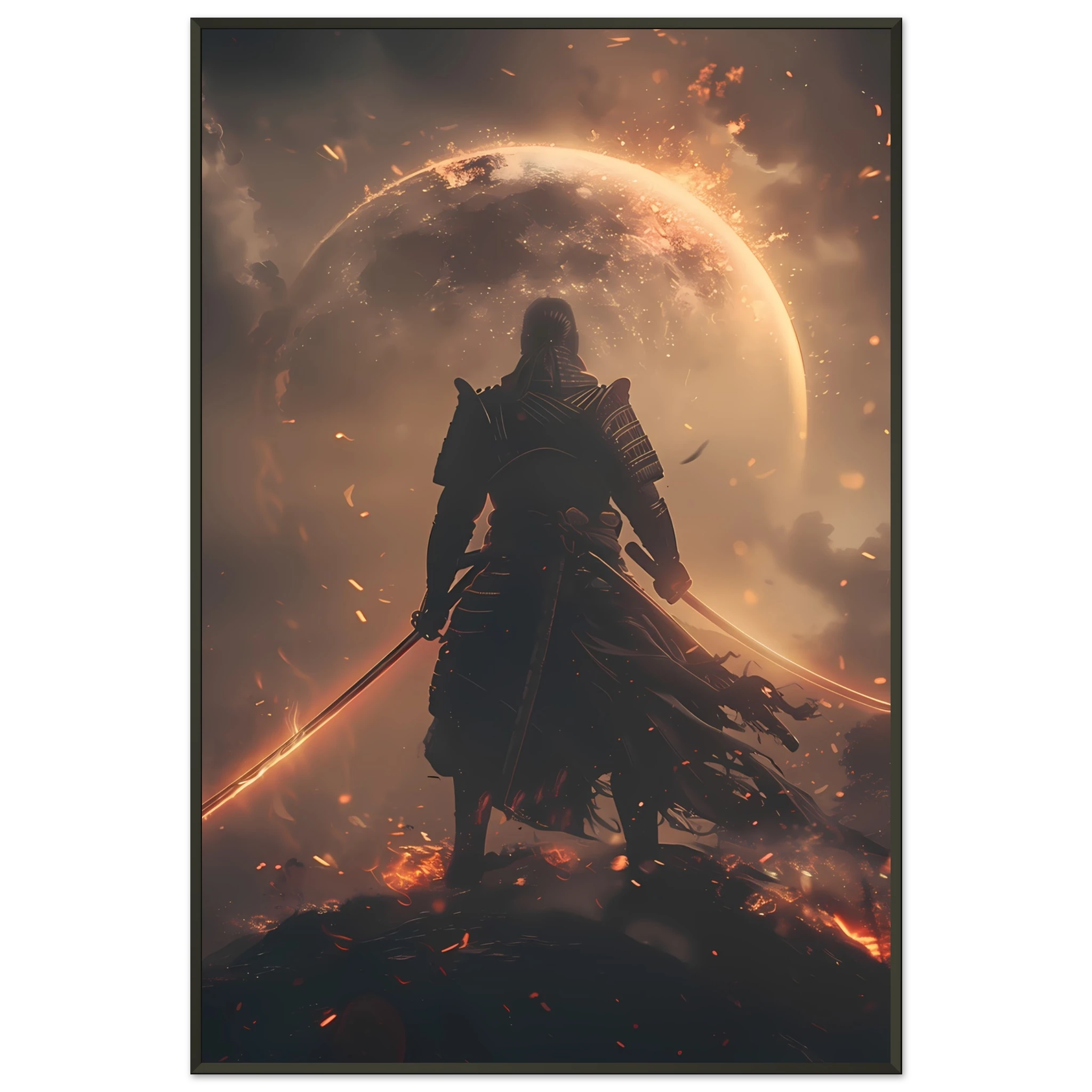 Samurai astronaut posed on glowing synthwave planet with neon armor — cinematic mashup.