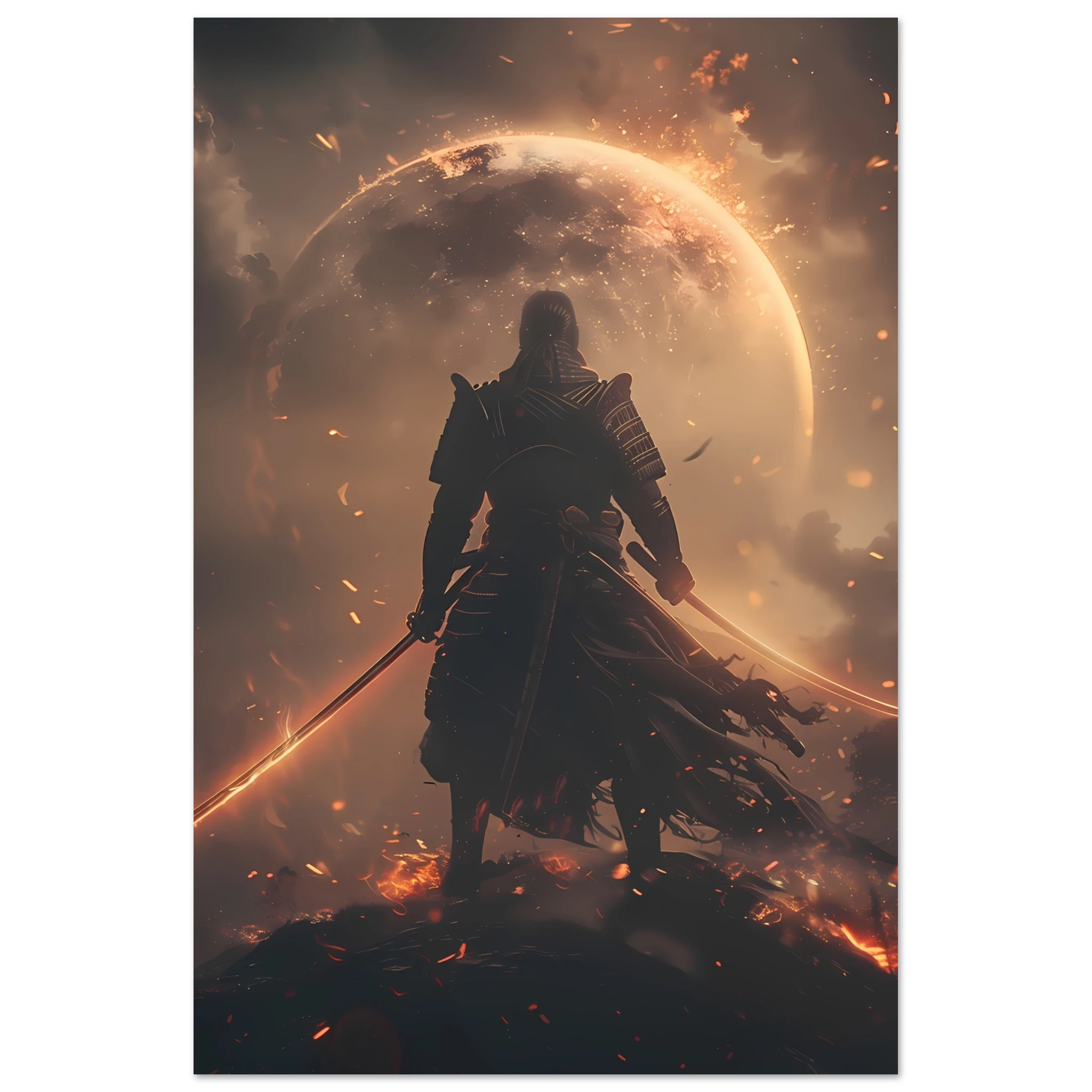 Samurai astronaut posed on glowing synthwave planet with neon armor — cinematic mashup.