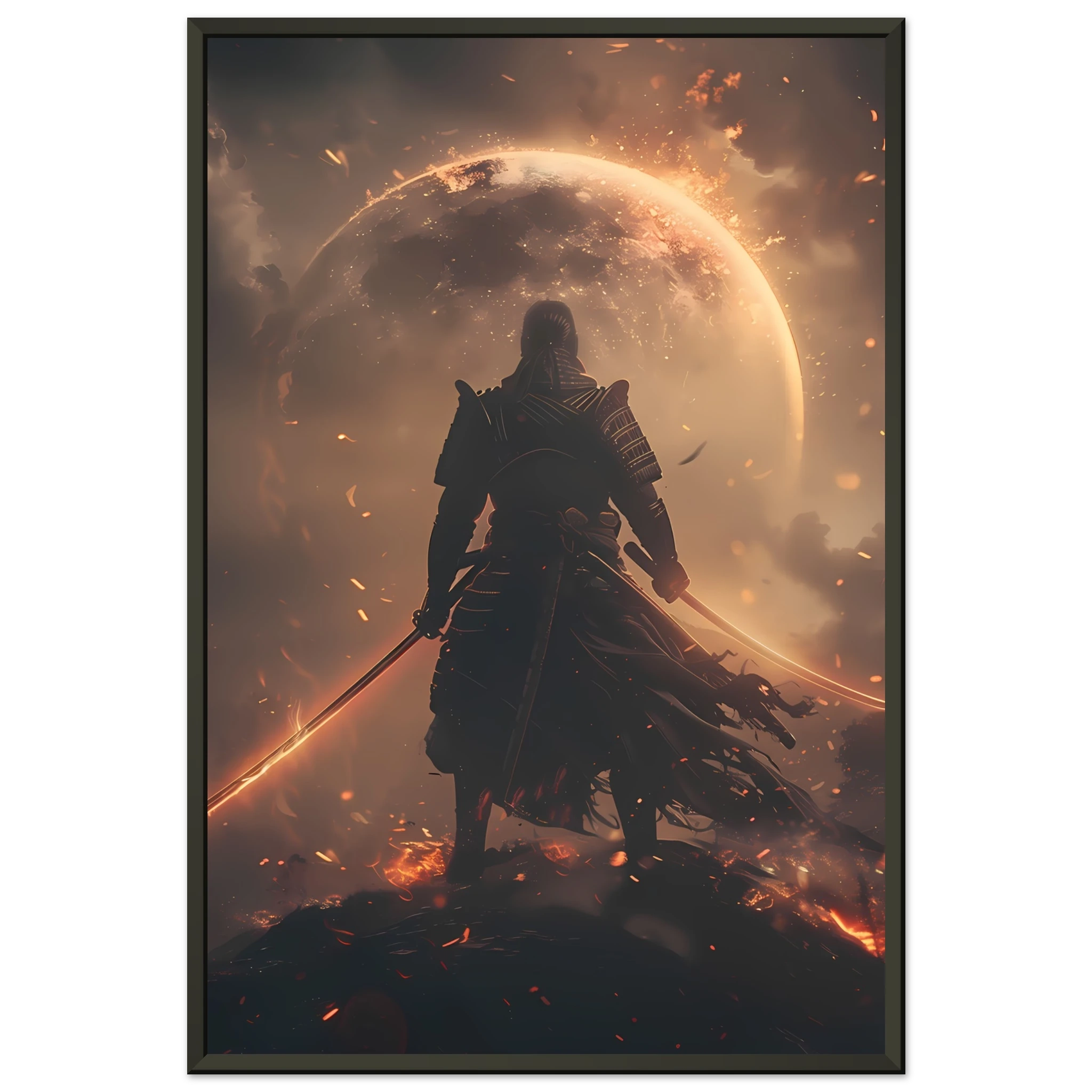 Samurai astronaut posed on glowing synthwave planet with neon armor — cinematic mashup.