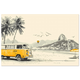 Yellow VW Kombi van parked along Copacabana with palms — sketch wall art.