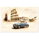 Blue Fiat 500 parked beside Colosseum — soft graphite and watercolor Rome wall art.