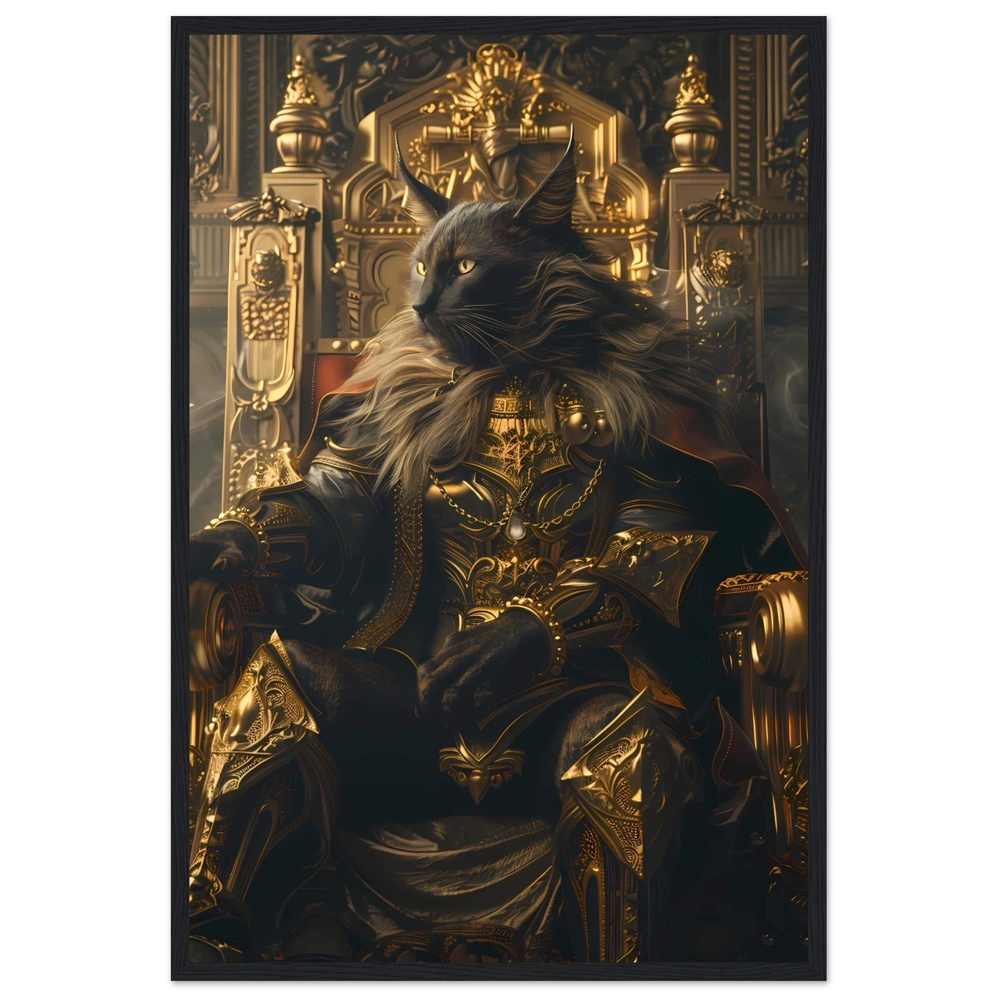 Siamese cat reclining on ornate golden throne — elegant royal pet portrait art.