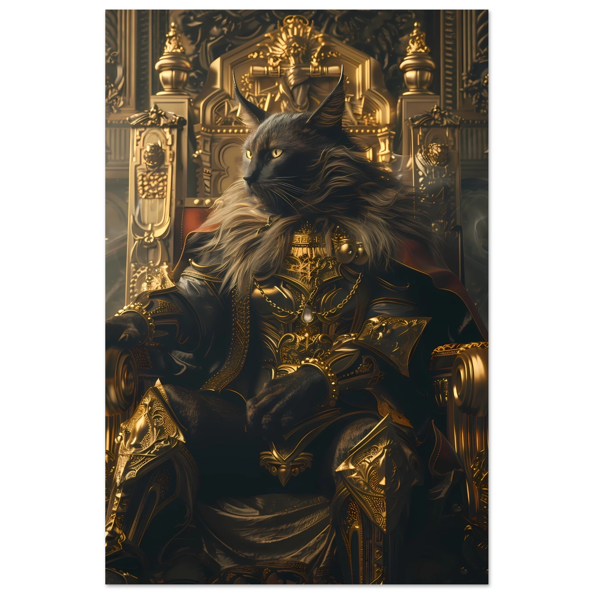 Siamese cat reclining on ornate golden throne — elegant royal pet portrait art.