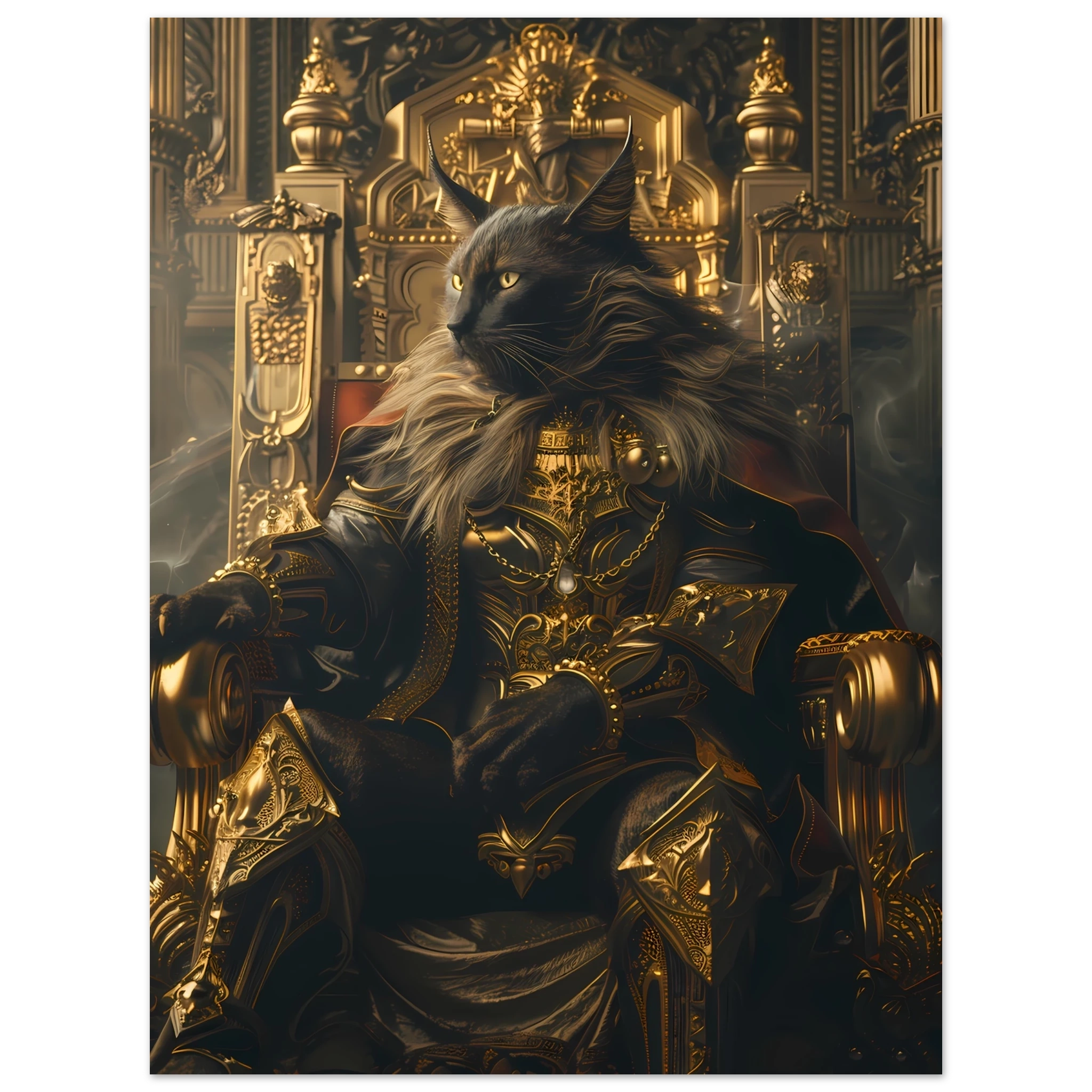 Siamese cat reclining on ornate golden throne — elegant royal pet portrait art.