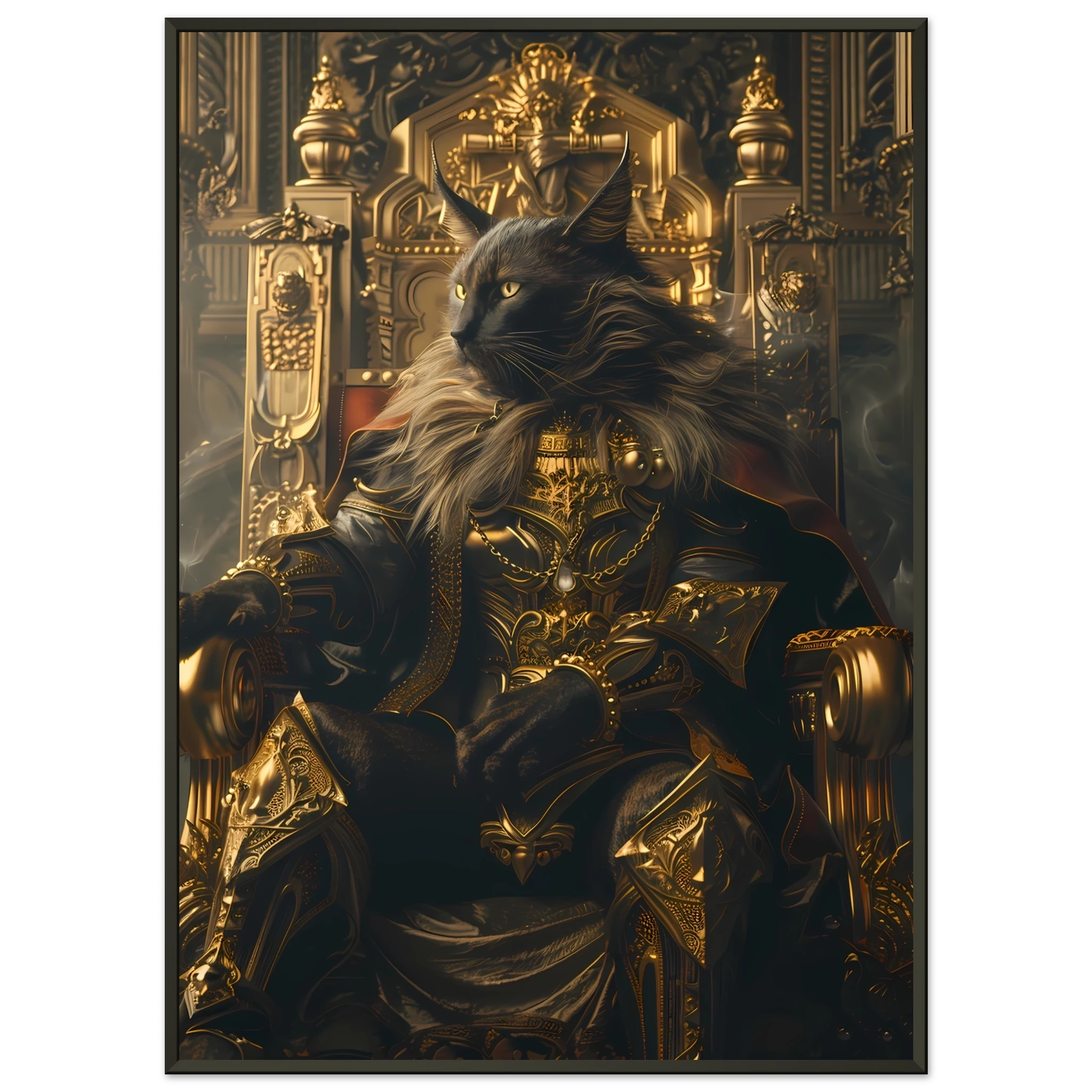 Siamese cat reclining on ornate golden throne — elegant royal pet portrait art.