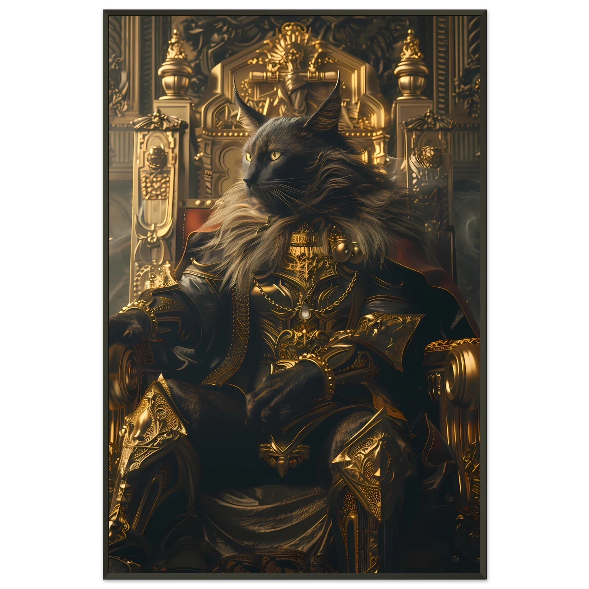 Siamese cat reclining on ornate golden throne — elegant royal pet portrait art.