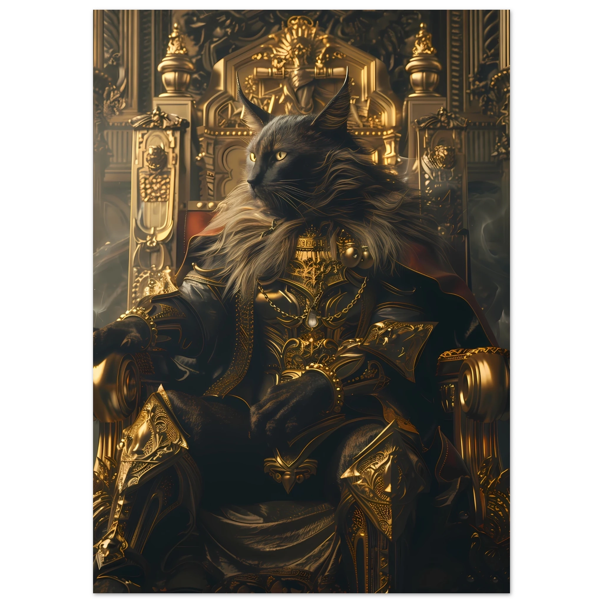 Siamese cat reclining on ornate golden throne — elegant royal pet portrait art.