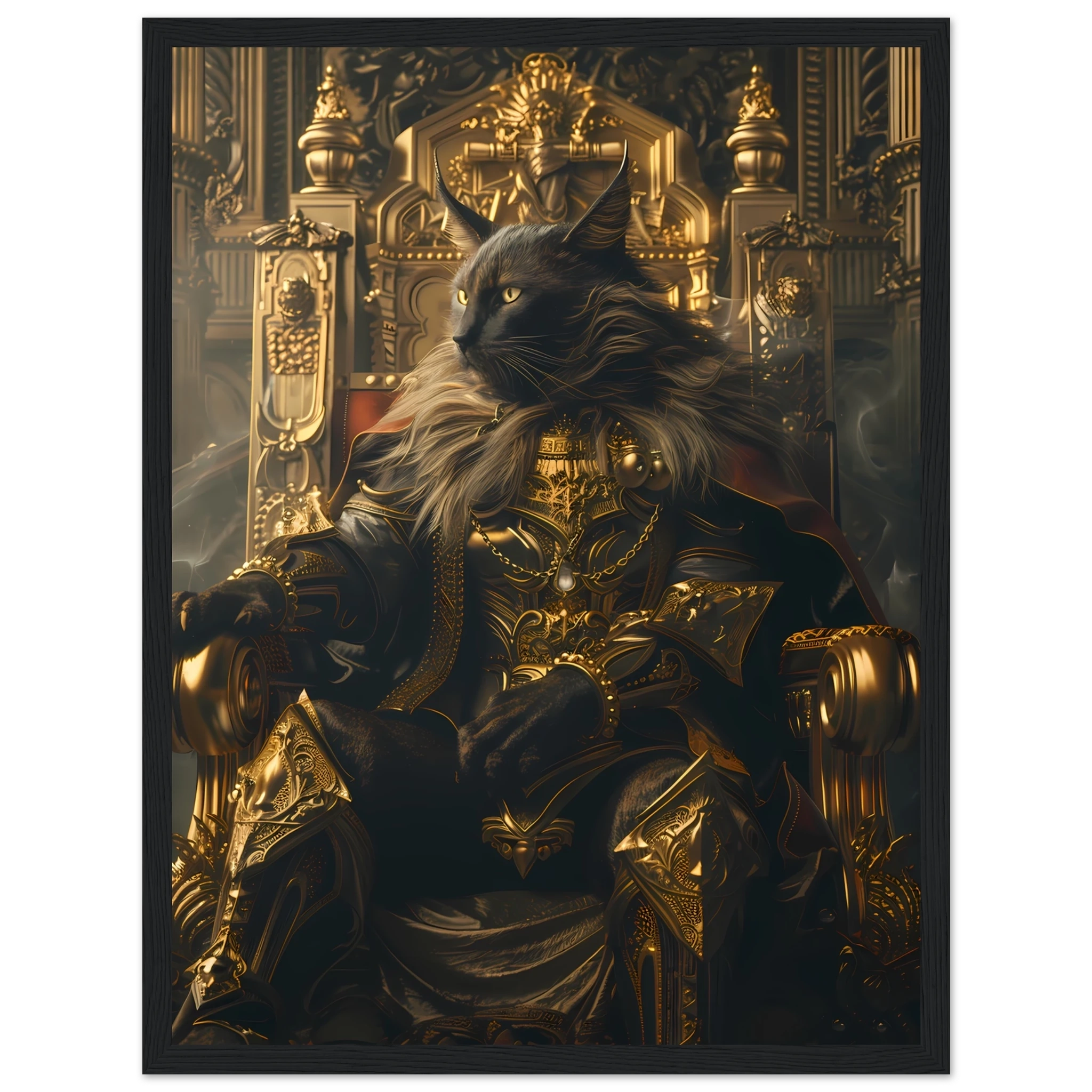 Siamese cat reclining on ornate golden throne — elegant royal pet portrait art.