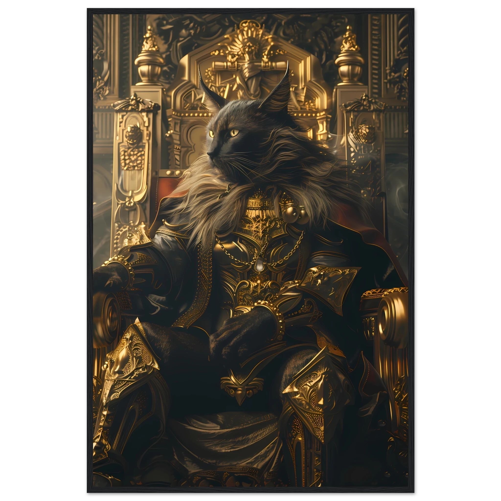 Siamese cat reclining on ornate golden throne — elegant royal pet portrait art.