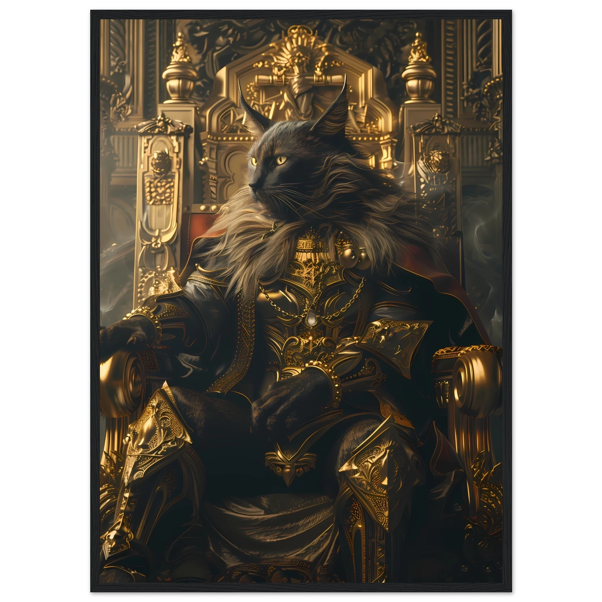 Siamese cat reclining on ornate golden throne — elegant royal pet portrait art.