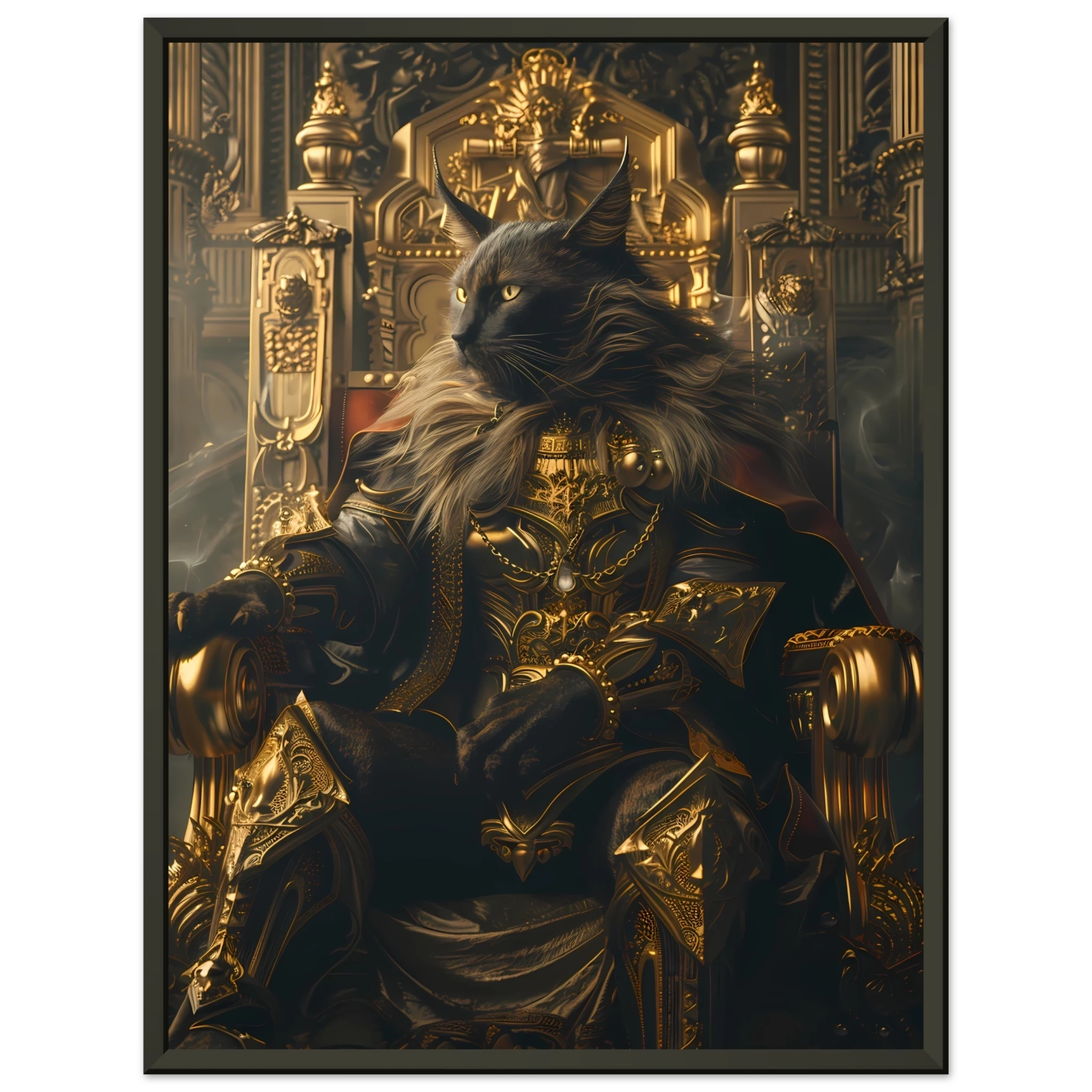 Siamese cat reclining on ornate golden throne — elegant royal pet portrait art.
