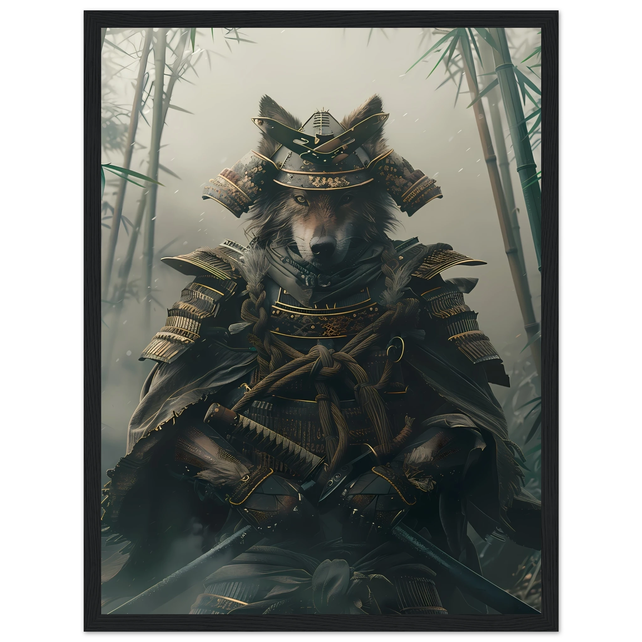 Shiba Inu in ornate samurai armor amid misty bamboo forest — Japanese warrior pet art.