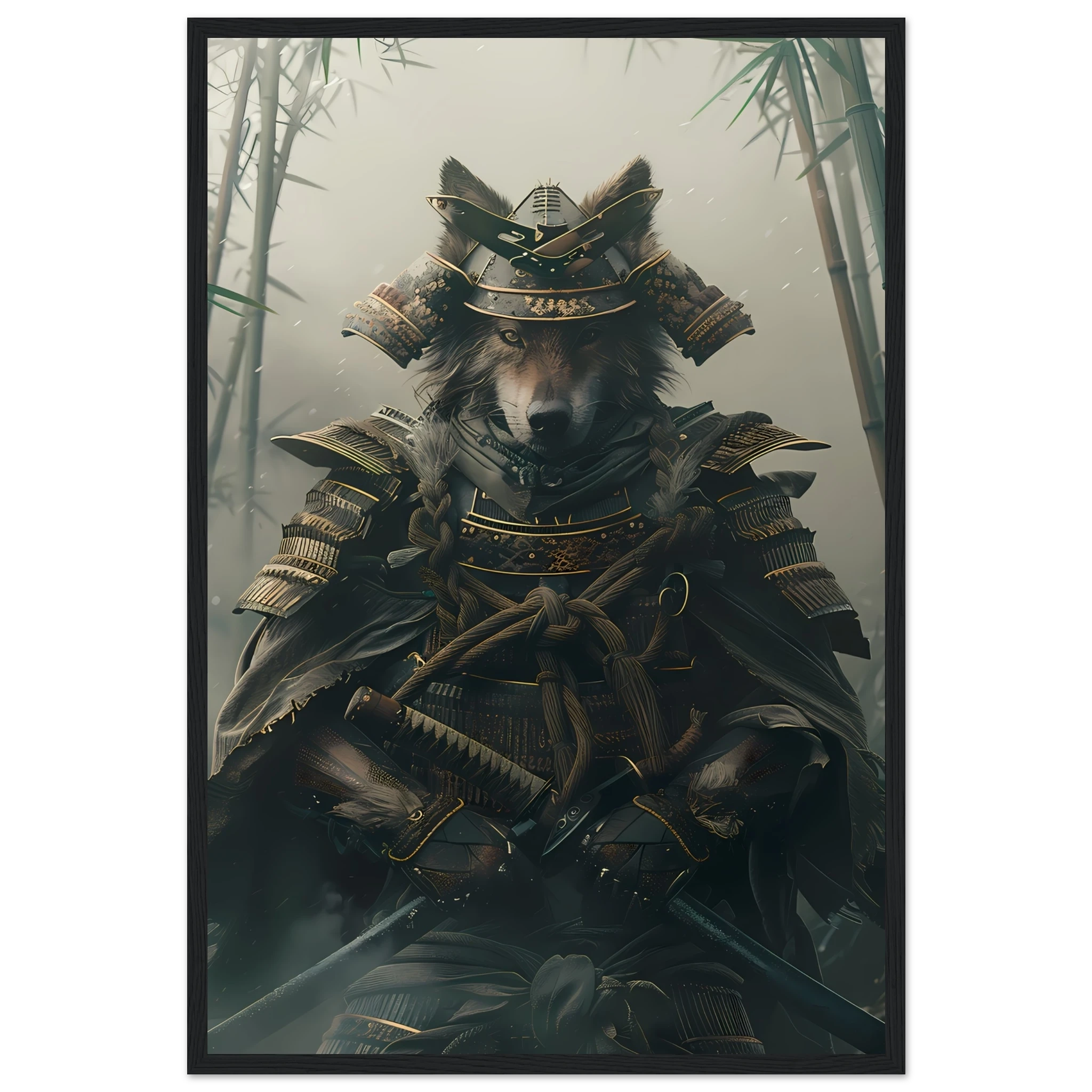Shiba Inu in ornate samurai armor amid misty bamboo forest — Japanese warrior pet art.
