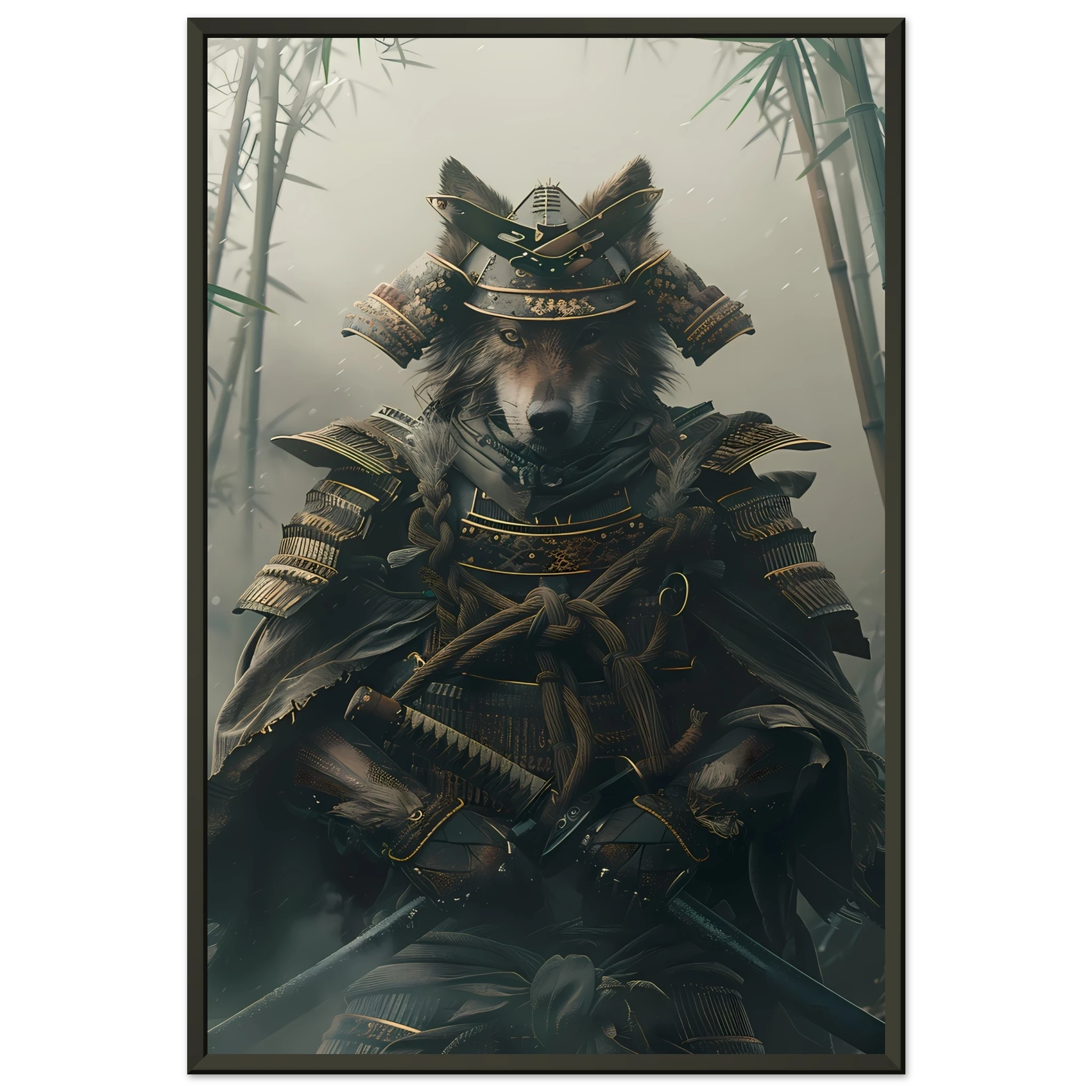 Shiba Inu in ornate samurai armor amid misty bamboo forest — Japanese warrior pet art.