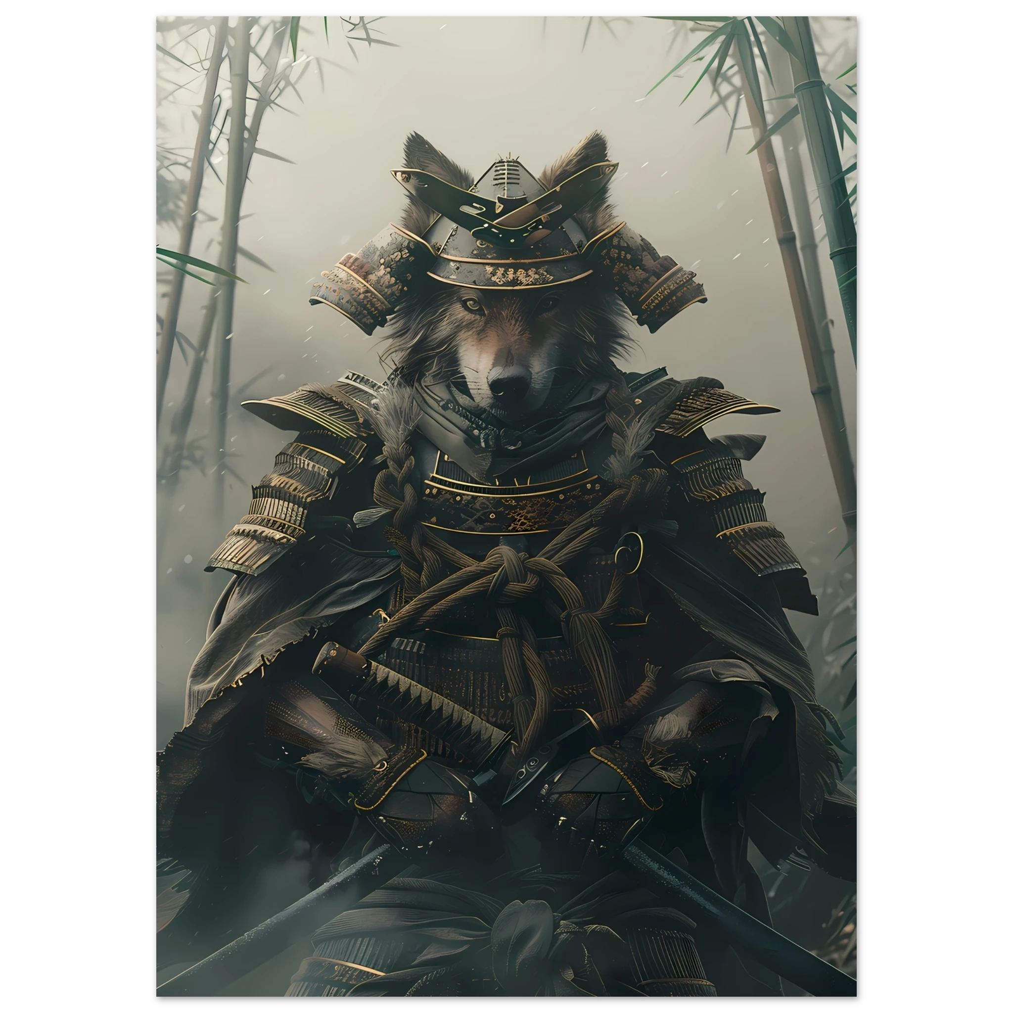 Shiba Inu in ornate samurai armor amid misty bamboo forest — Japanese warrior pet art.