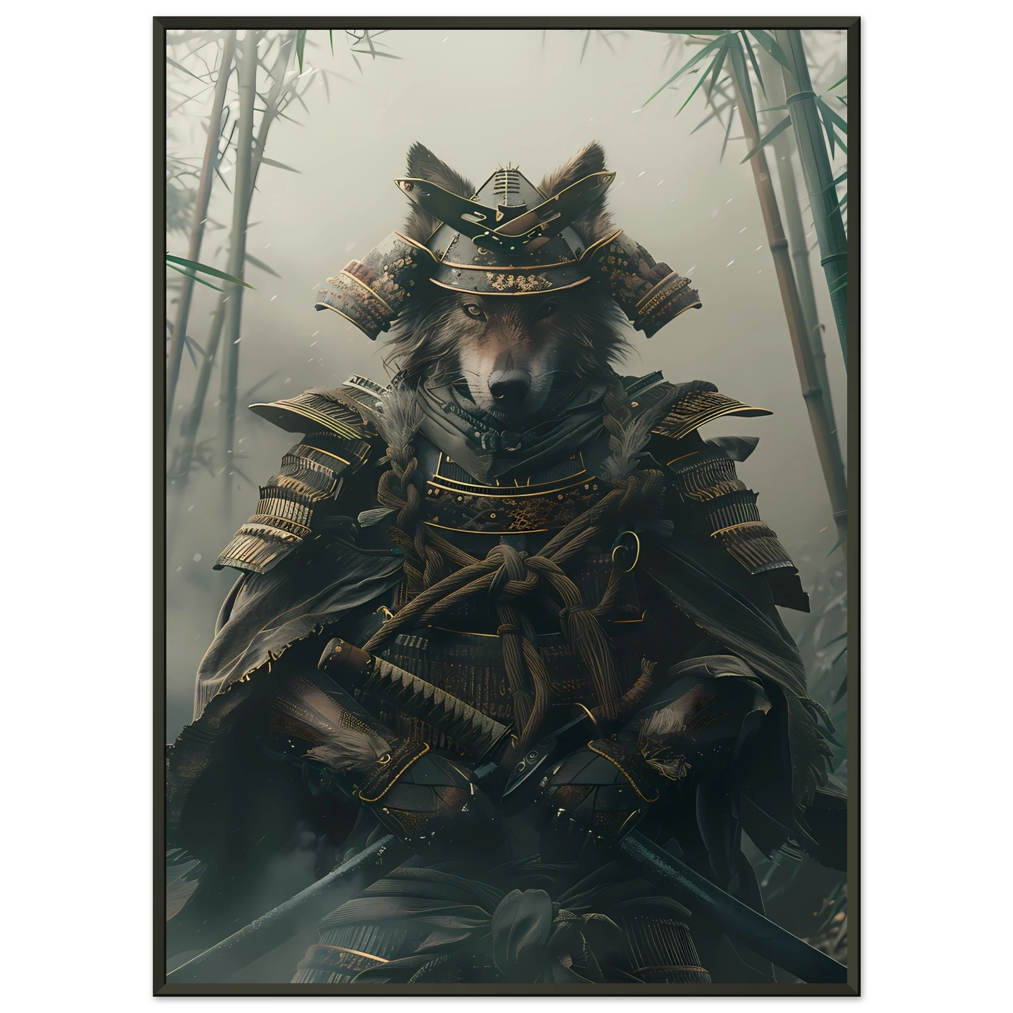 Shiba Inu in ornate samurai armor amid misty bamboo forest — Japanese warrior pet art.