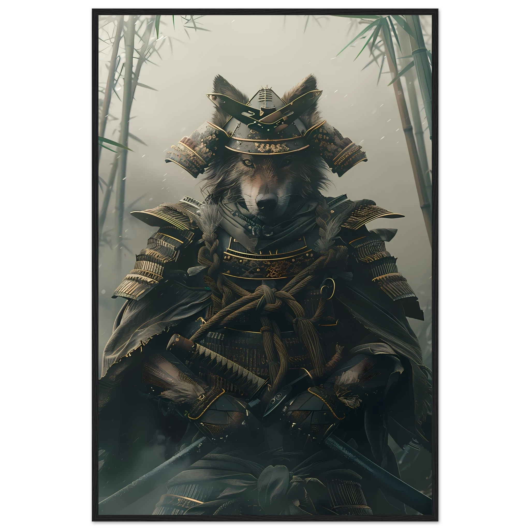 Shiba Inu in ornate samurai armor amid misty bamboo forest — Japanese warrior pet art.