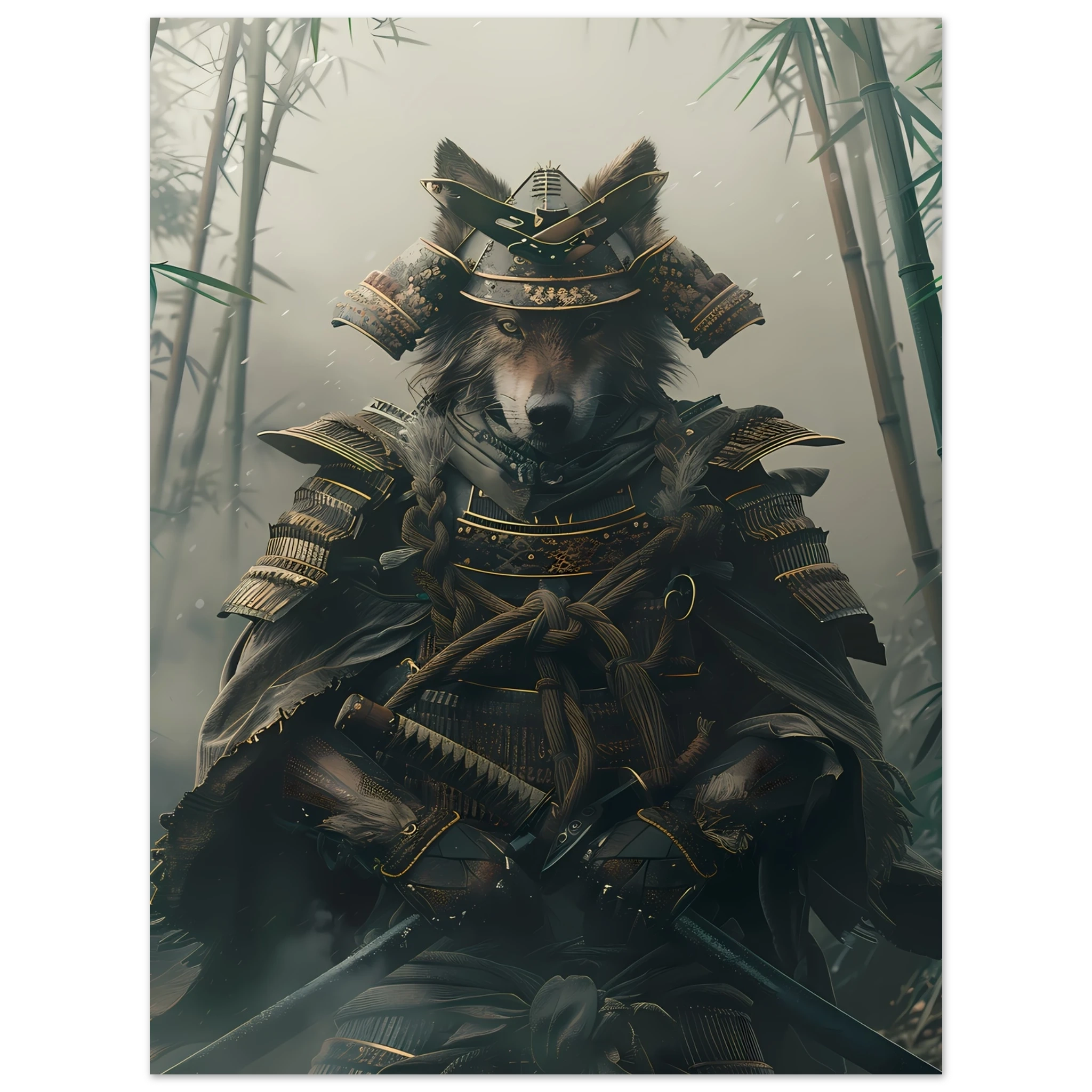 Shiba Inu in ornate samurai armor amid misty bamboo forest — Japanese warrior pet art.