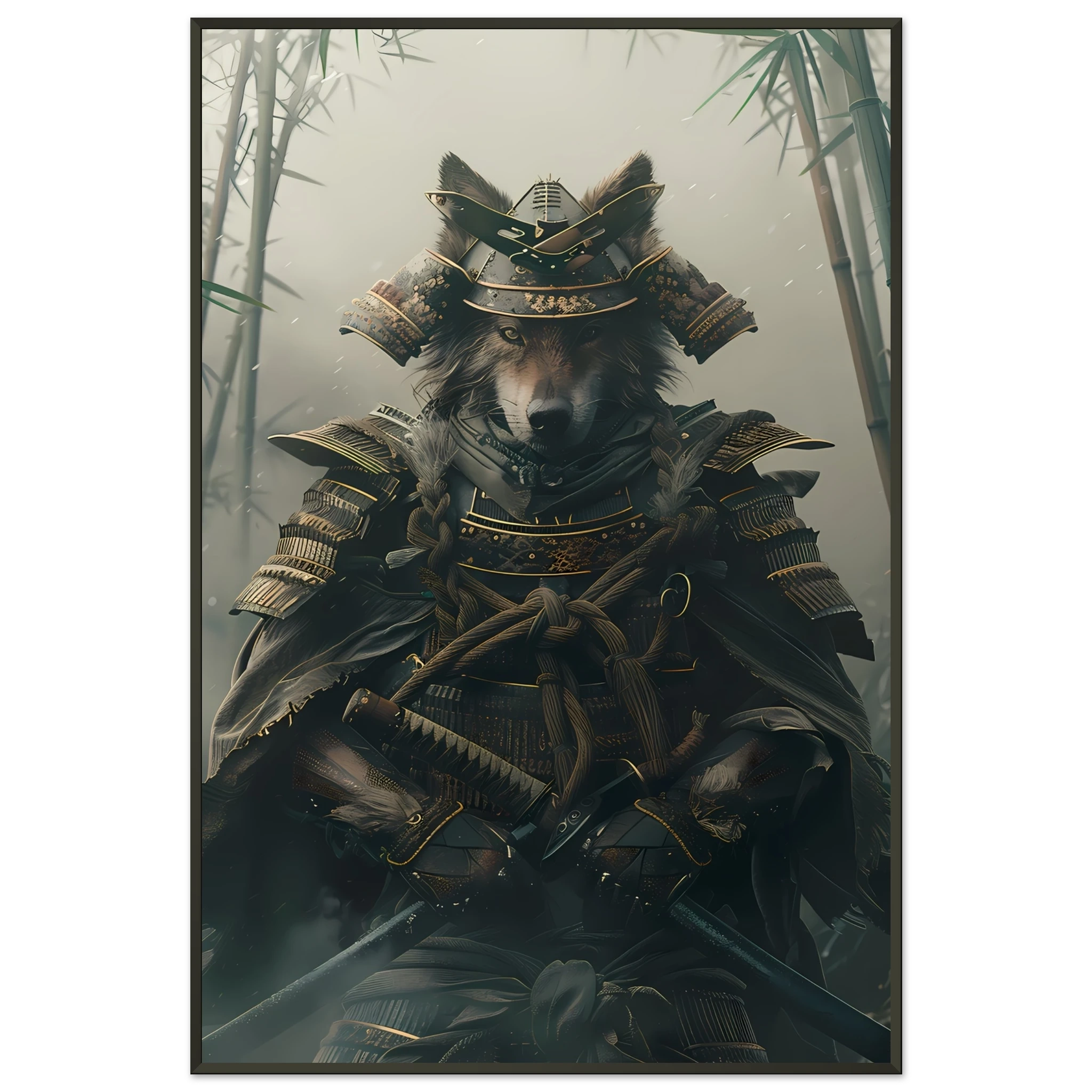 Shiba Inu in ornate samurai armor amid misty bamboo forest — Japanese warrior pet art.