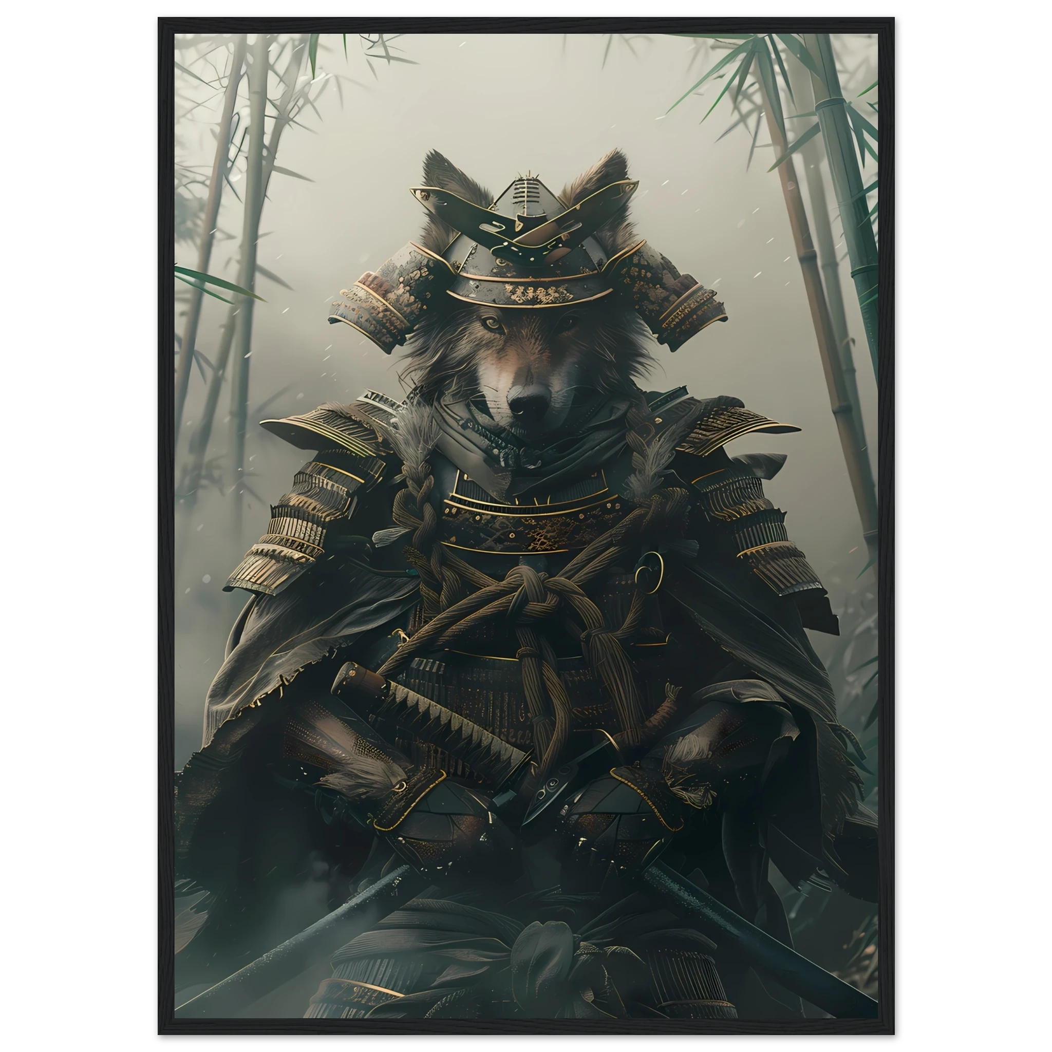 Shiba Inu in ornate samurai armor amid misty bamboo forest — Japanese warrior pet art.