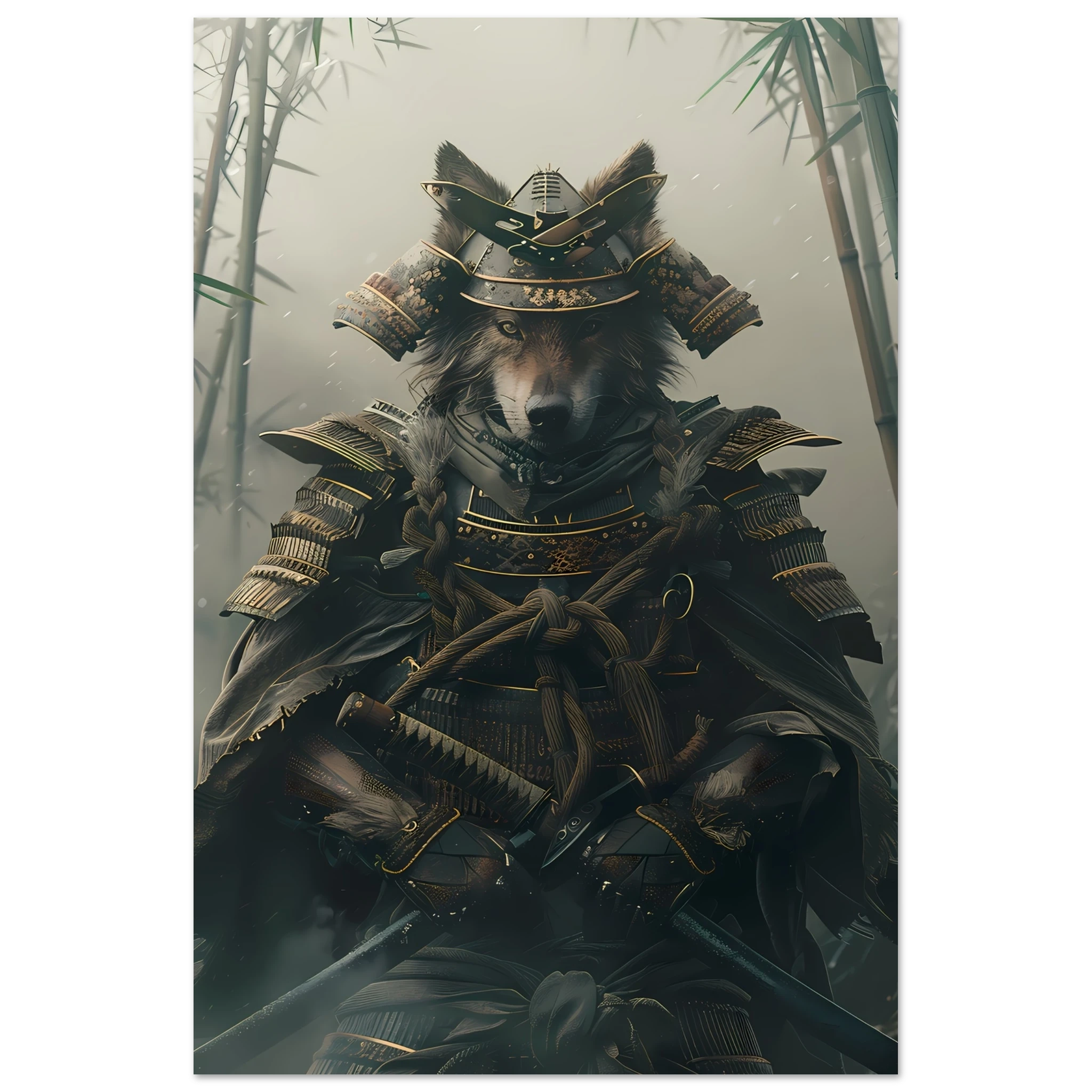 Shiba Inu in ornate samurai armor amid misty bamboo forest — Japanese warrior pet art.