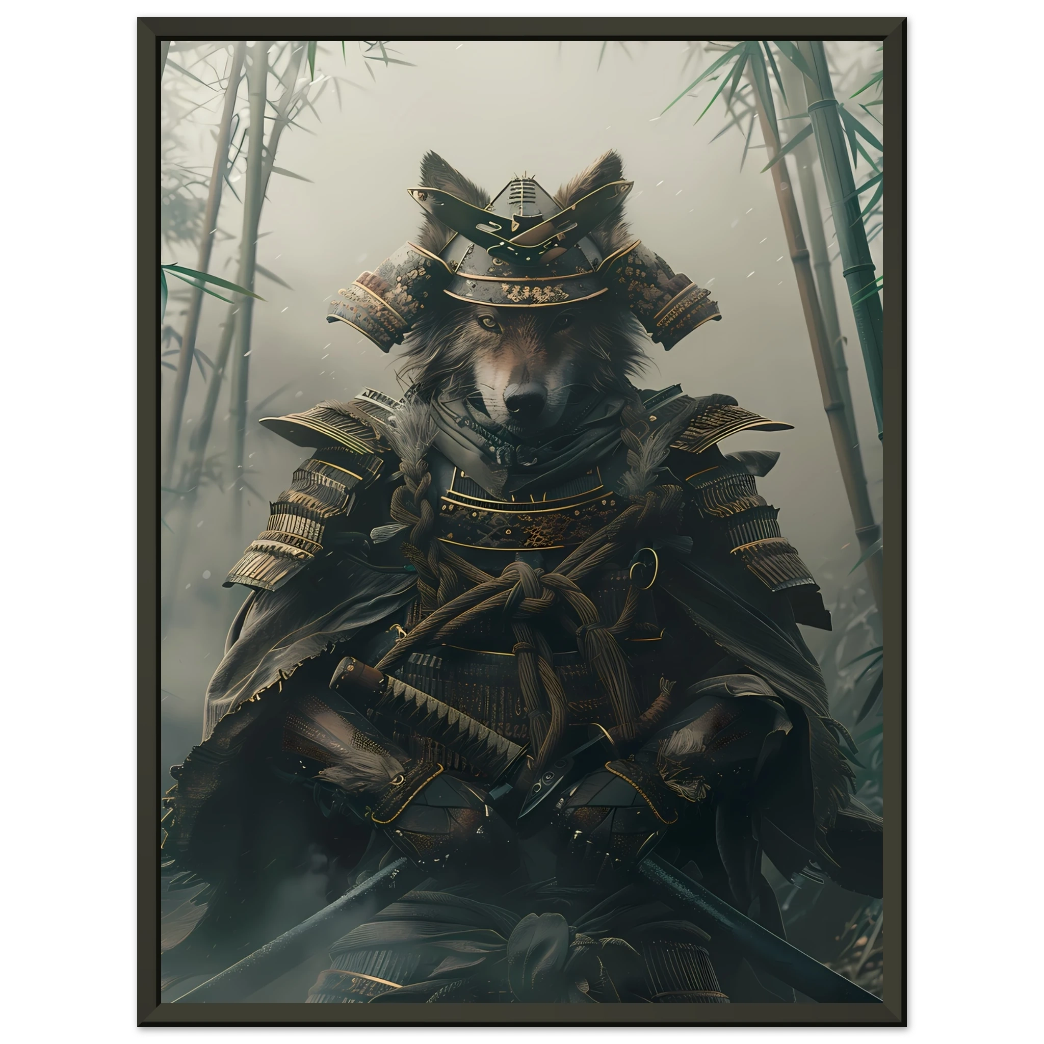 Shiba Inu in ornate samurai armor amid misty bamboo forest — Japanese warrior pet art.