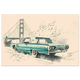 Turquoise Thunderbird sketch crossing Golden Gate Bridge under fog — vintage car art.