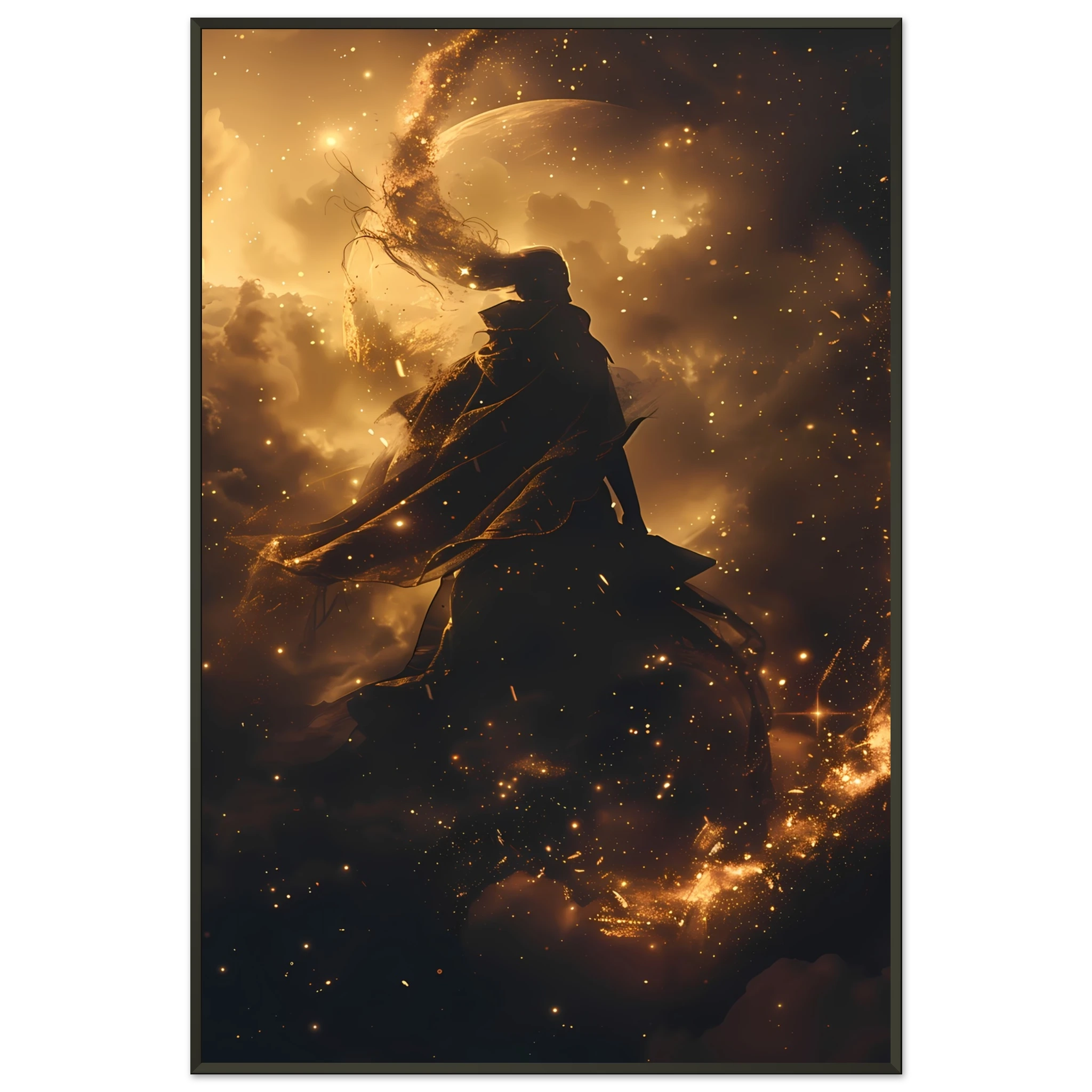 Ethereal starlight silhouette with flowing nebula robes and soft aurora glow — celestial figure wall art.