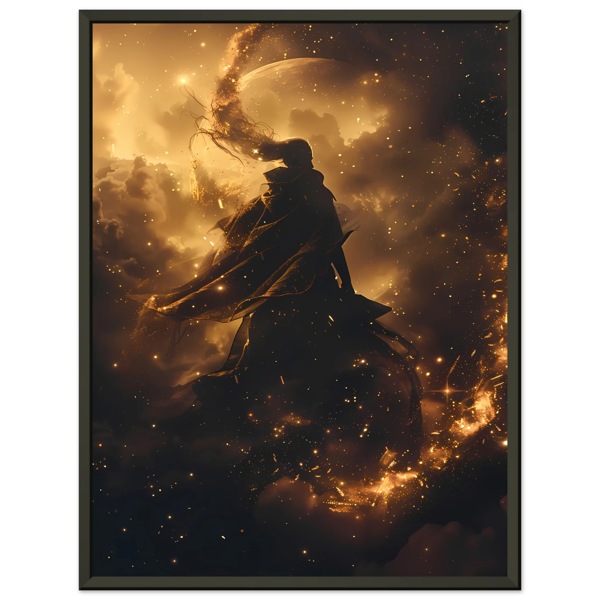 Ethereal starlight silhouette with flowing nebula robes and soft aurora glow — celestial figure wall art.