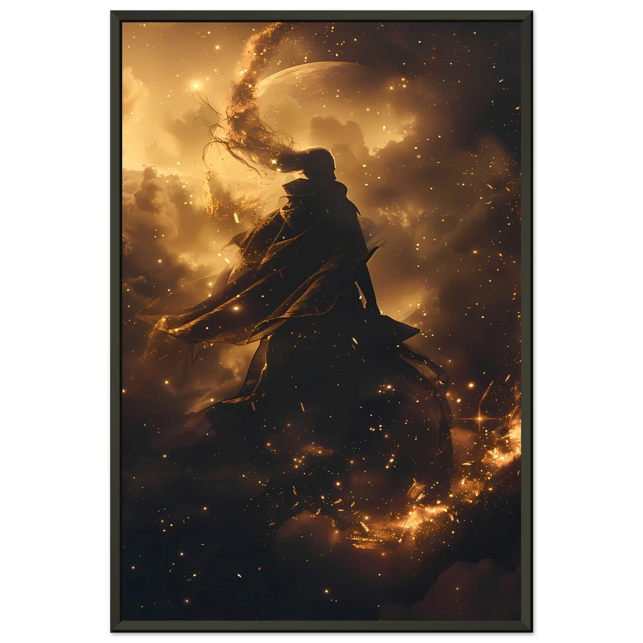 Ethereal starlight silhouette with flowing nebula robes and soft aurora glow — celestial figure wall art.