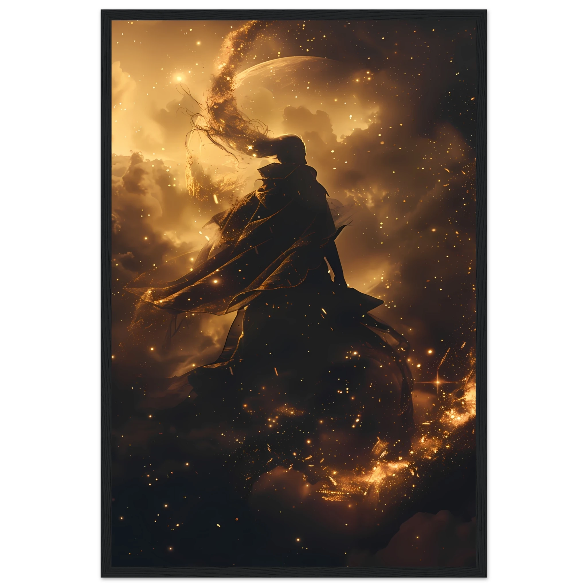 Ethereal starlight silhouette with flowing nebula robes and soft aurora glow — celestial figure wall art.