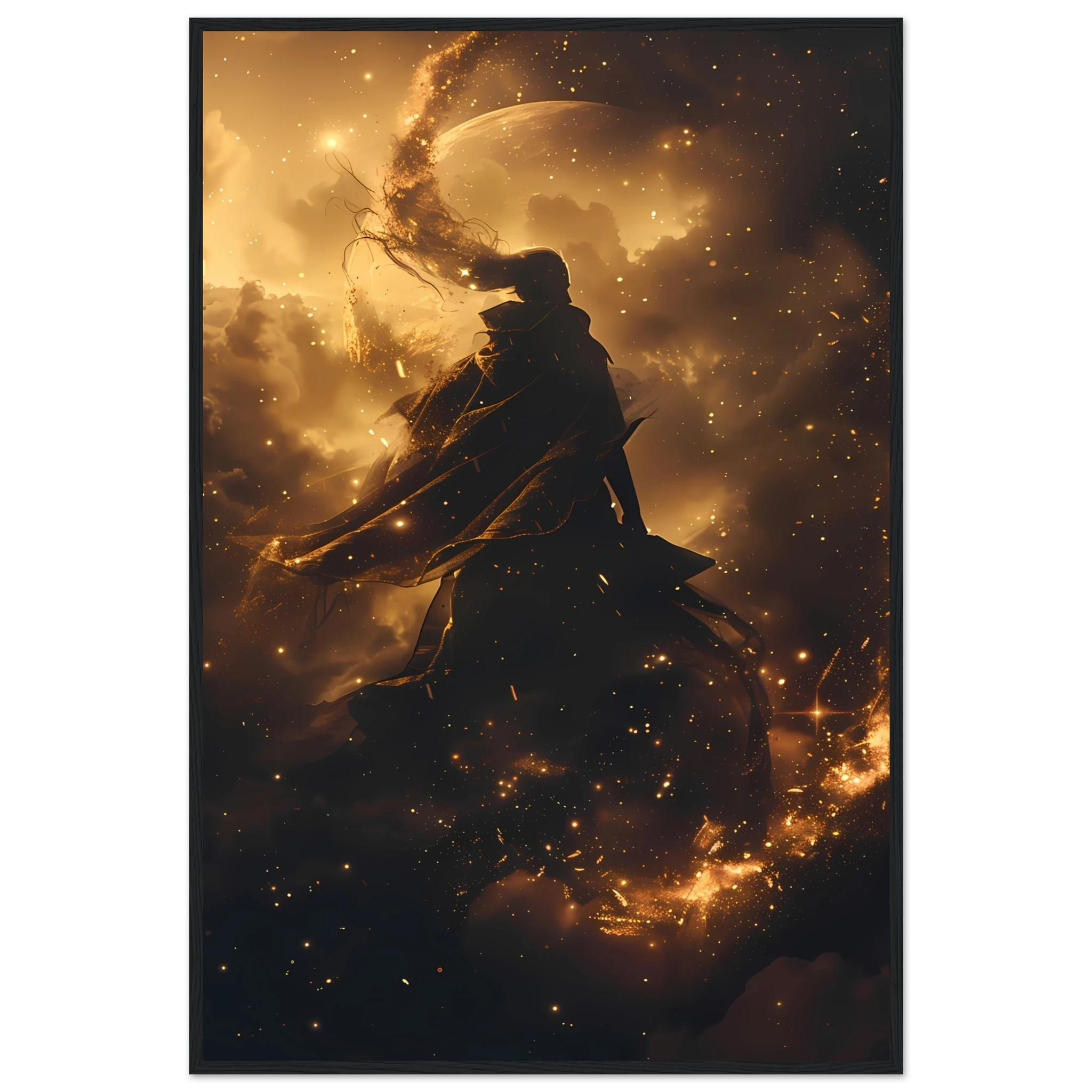Ethereal starlight silhouette with flowing nebula robes and soft aurora glow — celestial figure wall art.