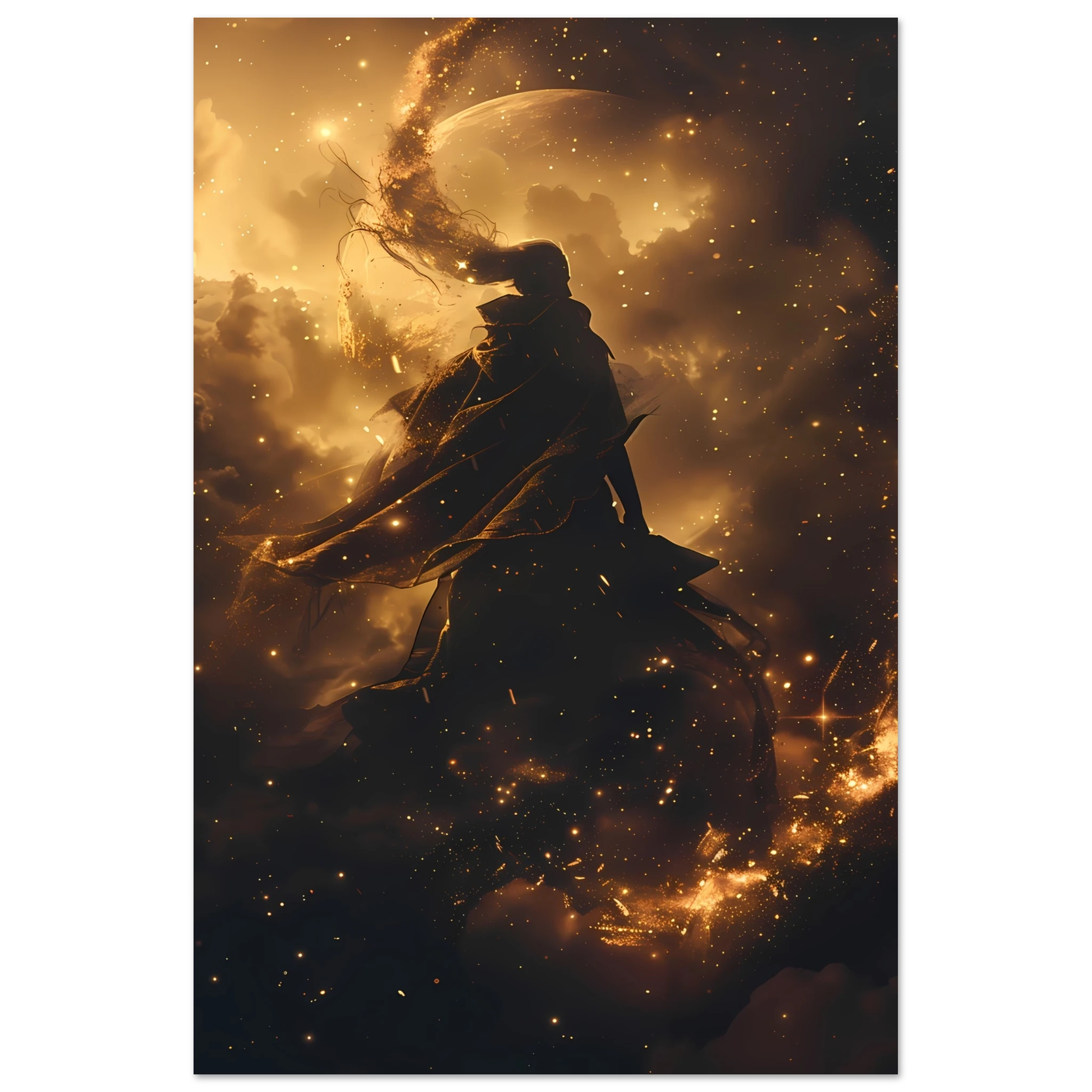 Ethereal starlight silhouette with flowing nebula robes and soft aurora glow — celestial figure wall art.