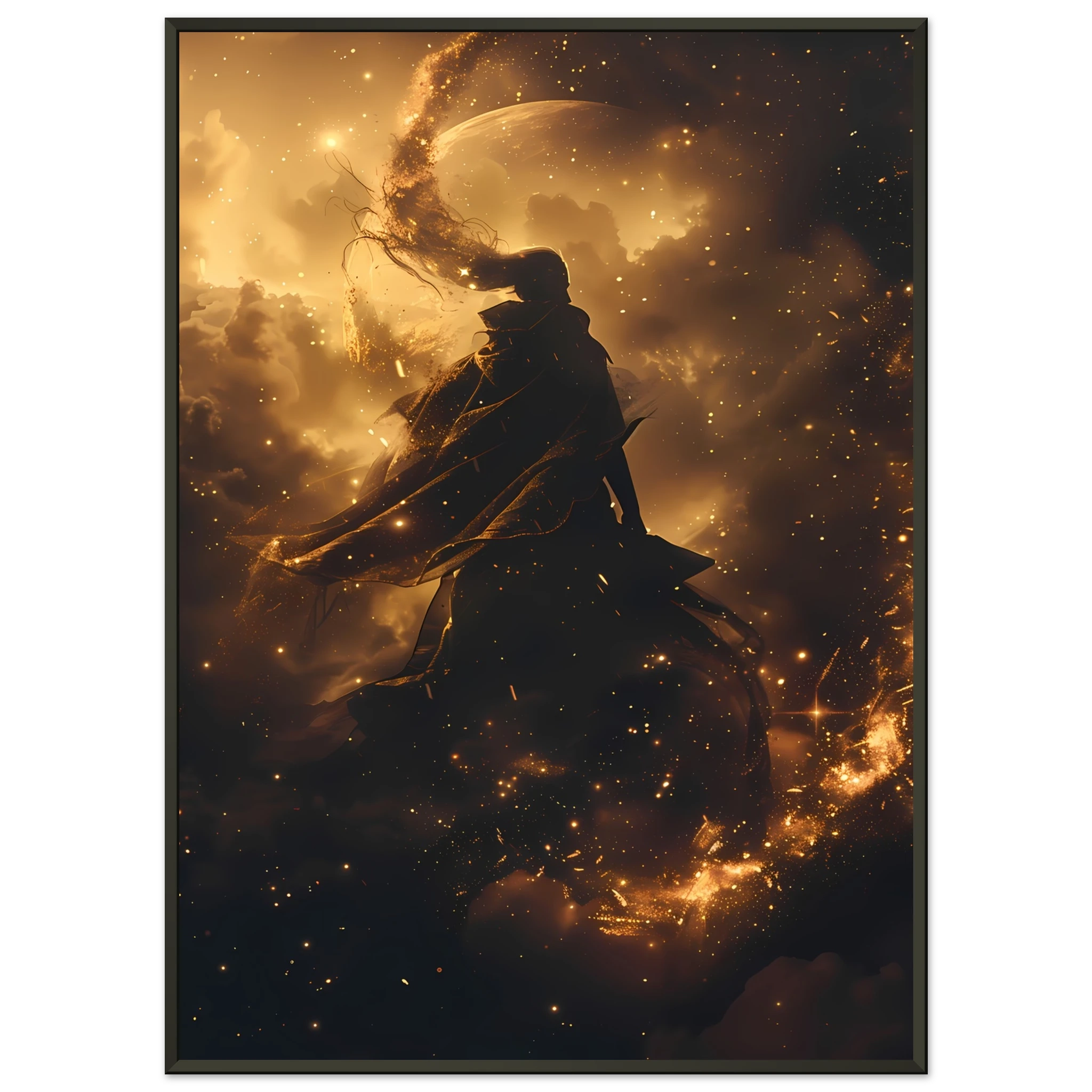 Ethereal starlight silhouette with flowing nebula robes and soft aurora glow — celestial figure wall art.