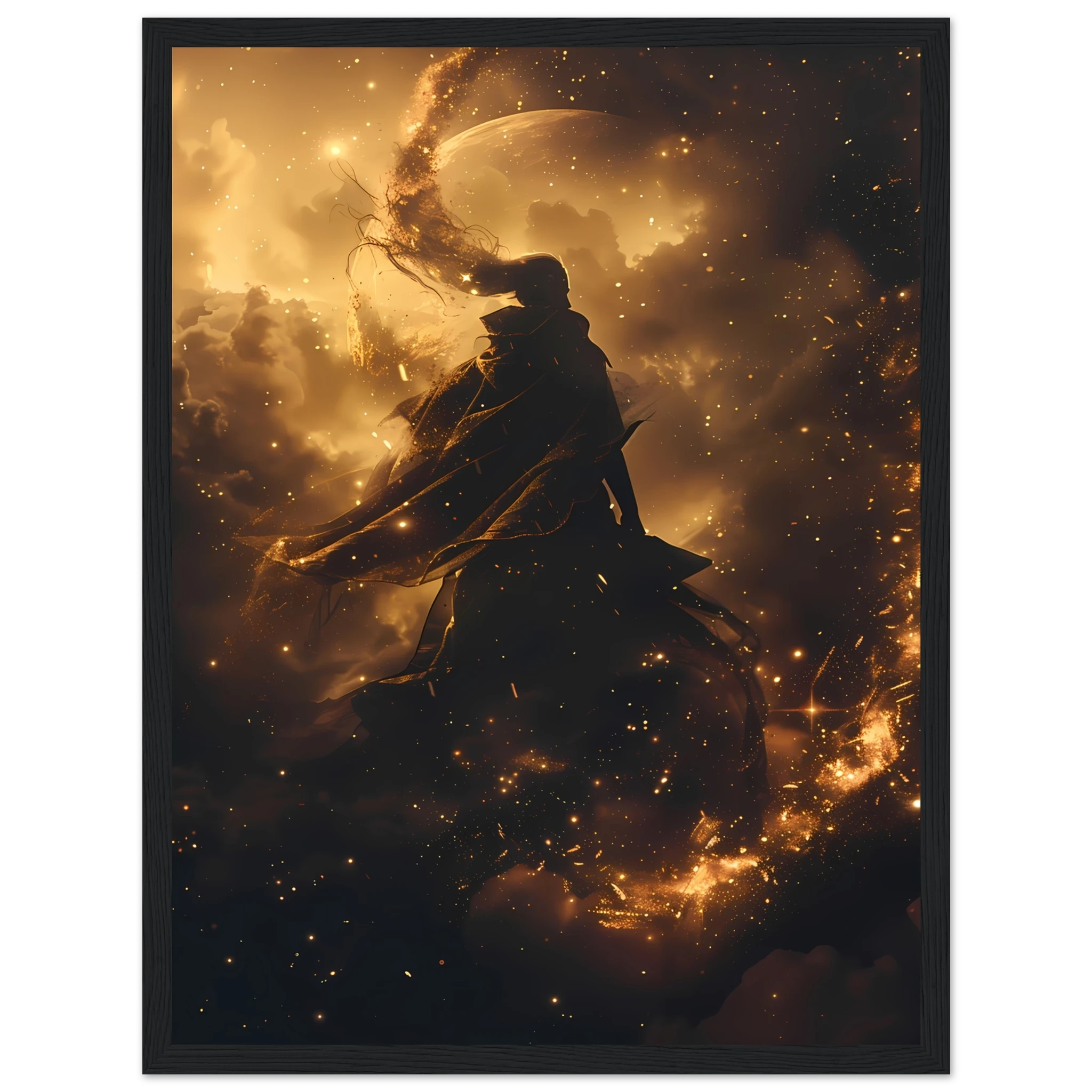 Ethereal starlight silhouette with flowing nebula robes and soft aurora glow — celestial figure wall art.