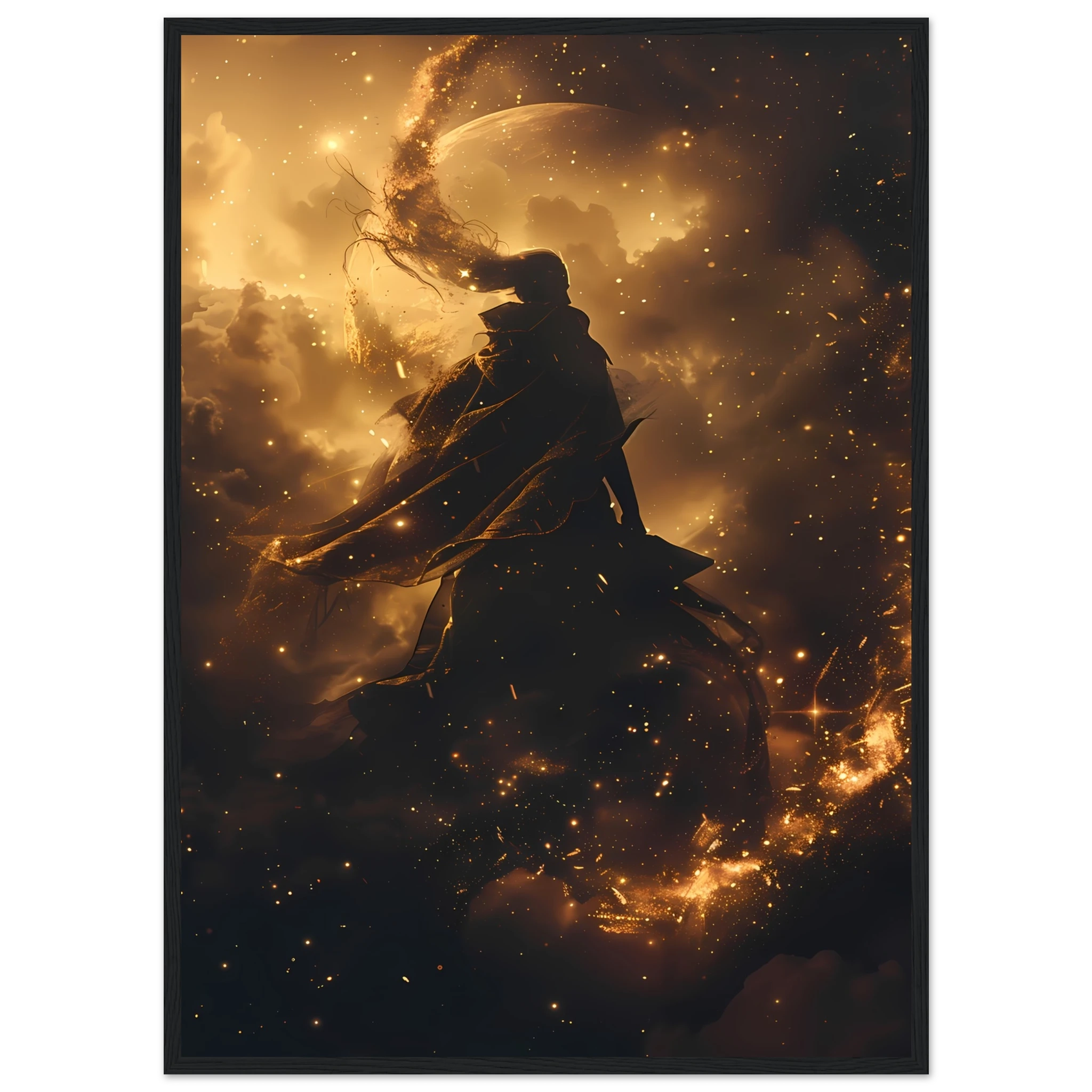Ethereal starlight silhouette with flowing nebula robes and soft aurora glow — celestial figure wall art.