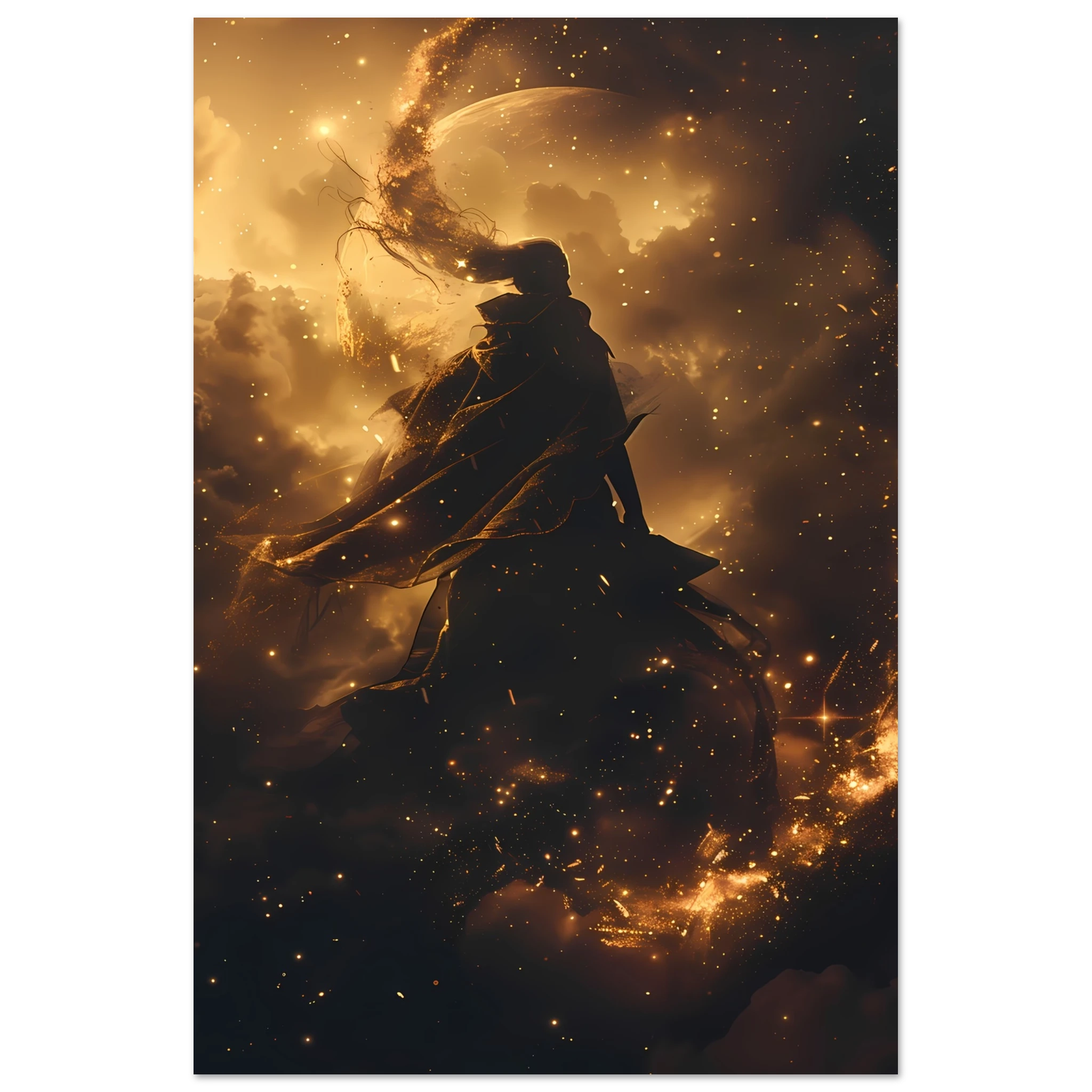 Ethereal starlight silhouette with flowing nebula robes and soft aurora glow — celestial figure wall art.