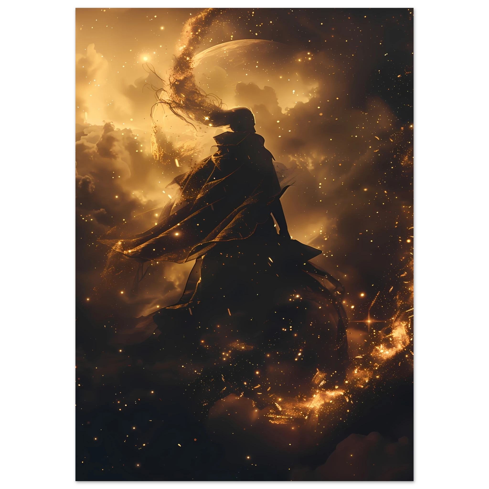 Ethereal starlight silhouette with flowing nebula robes and soft aurora glow — celestial figure wall art.