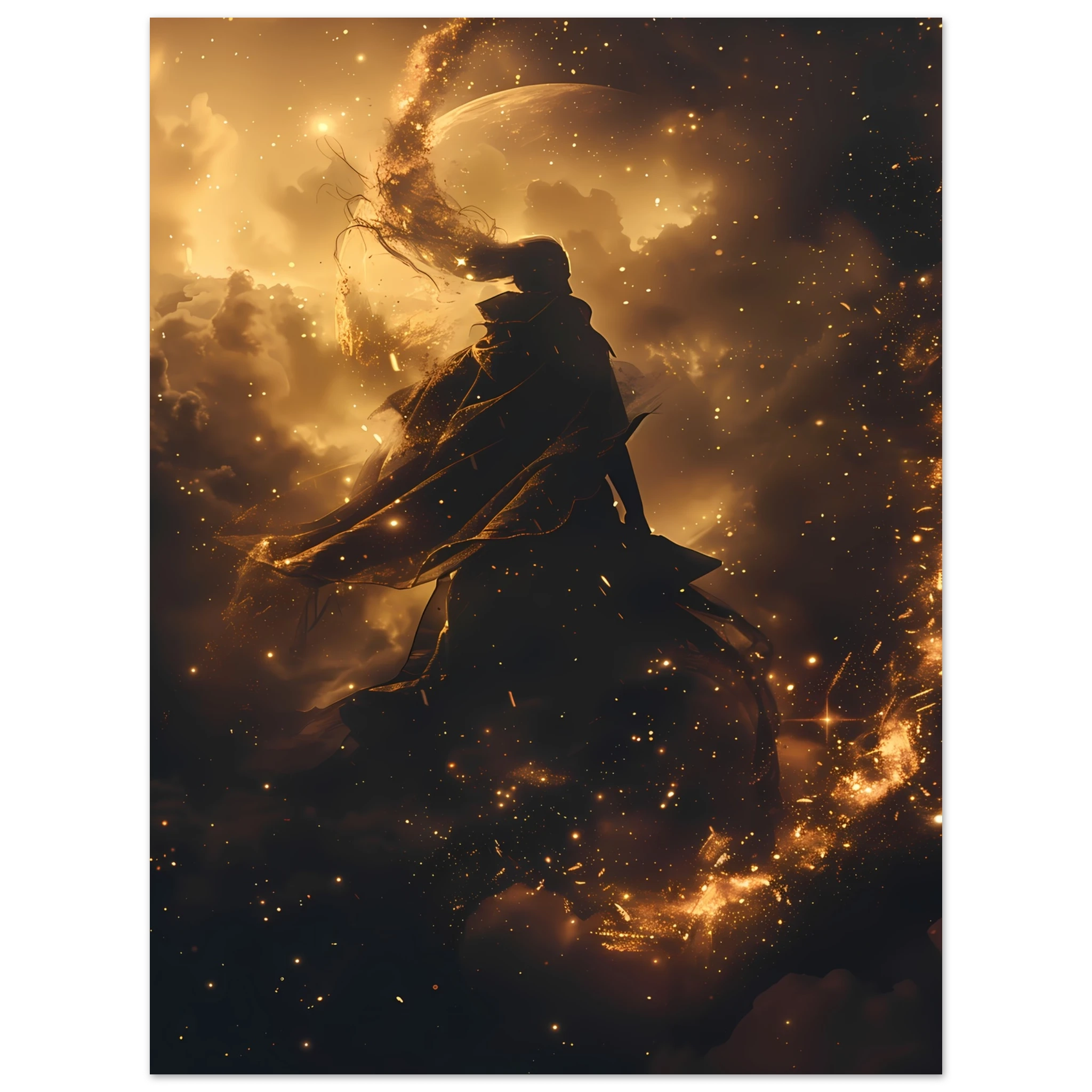Ethereal starlight silhouette with flowing nebula robes and soft aurora glow — celestial figure wall art.