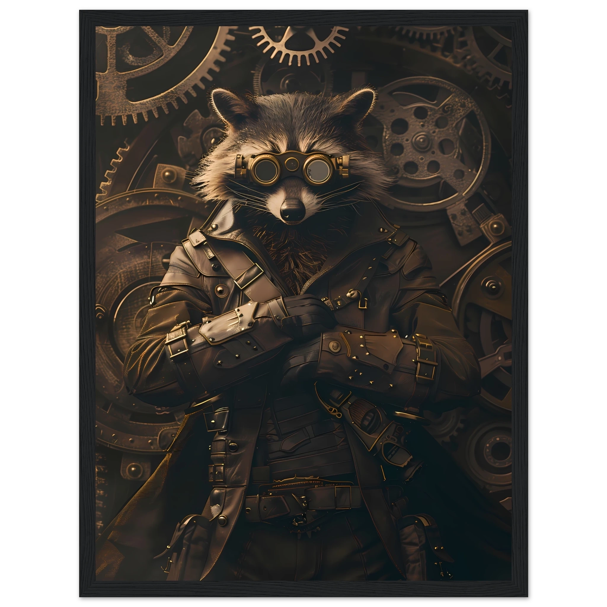 Raccoon in leather gear surrounded by gears and brass pipes — steampunk pet art print.