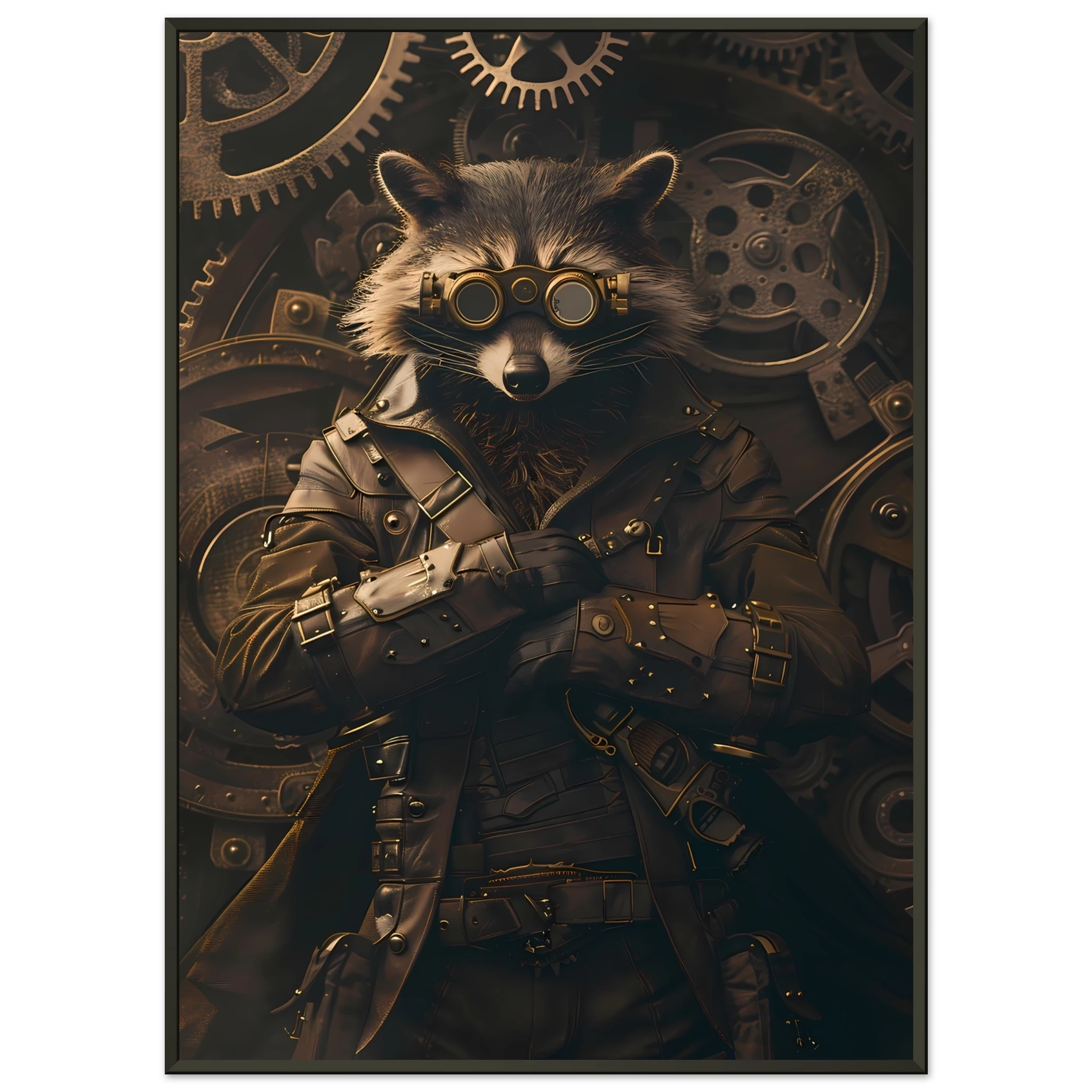 Raccoon in leather gear surrounded by gears and brass pipes — steampunk pet art print.