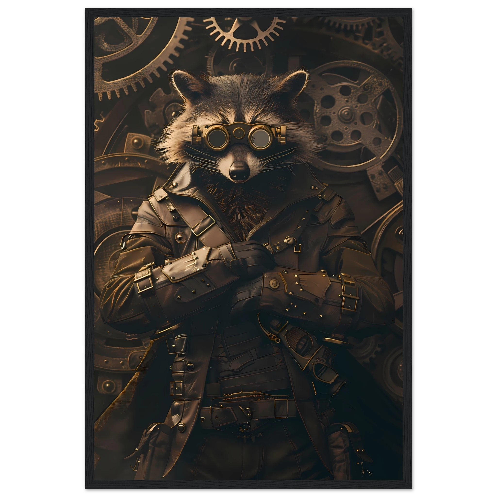 Raccoon in leather gear surrounded by gears and brass pipes — steampunk pet art print.