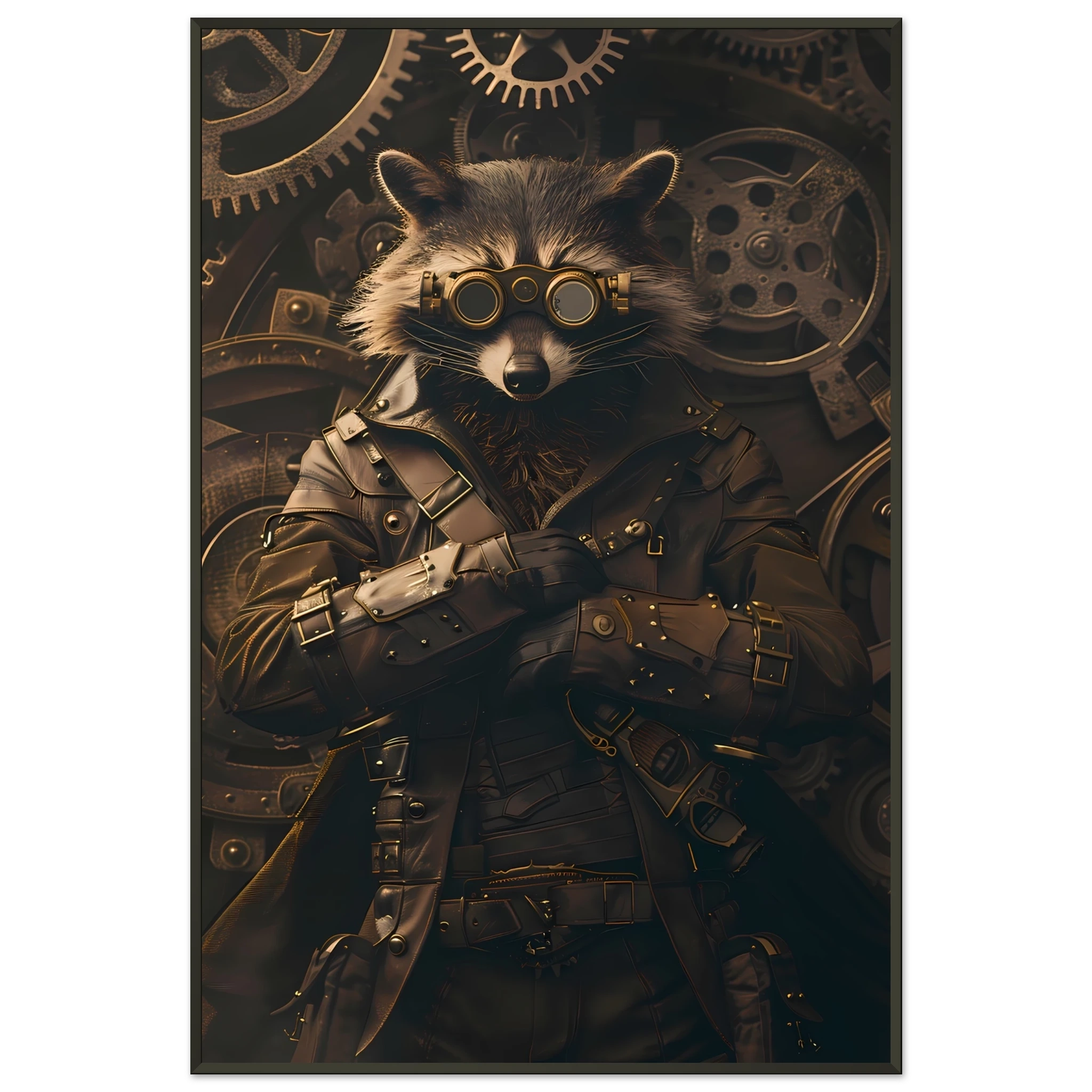Raccoon in leather gear surrounded by gears and brass pipes — steampunk pet art print.