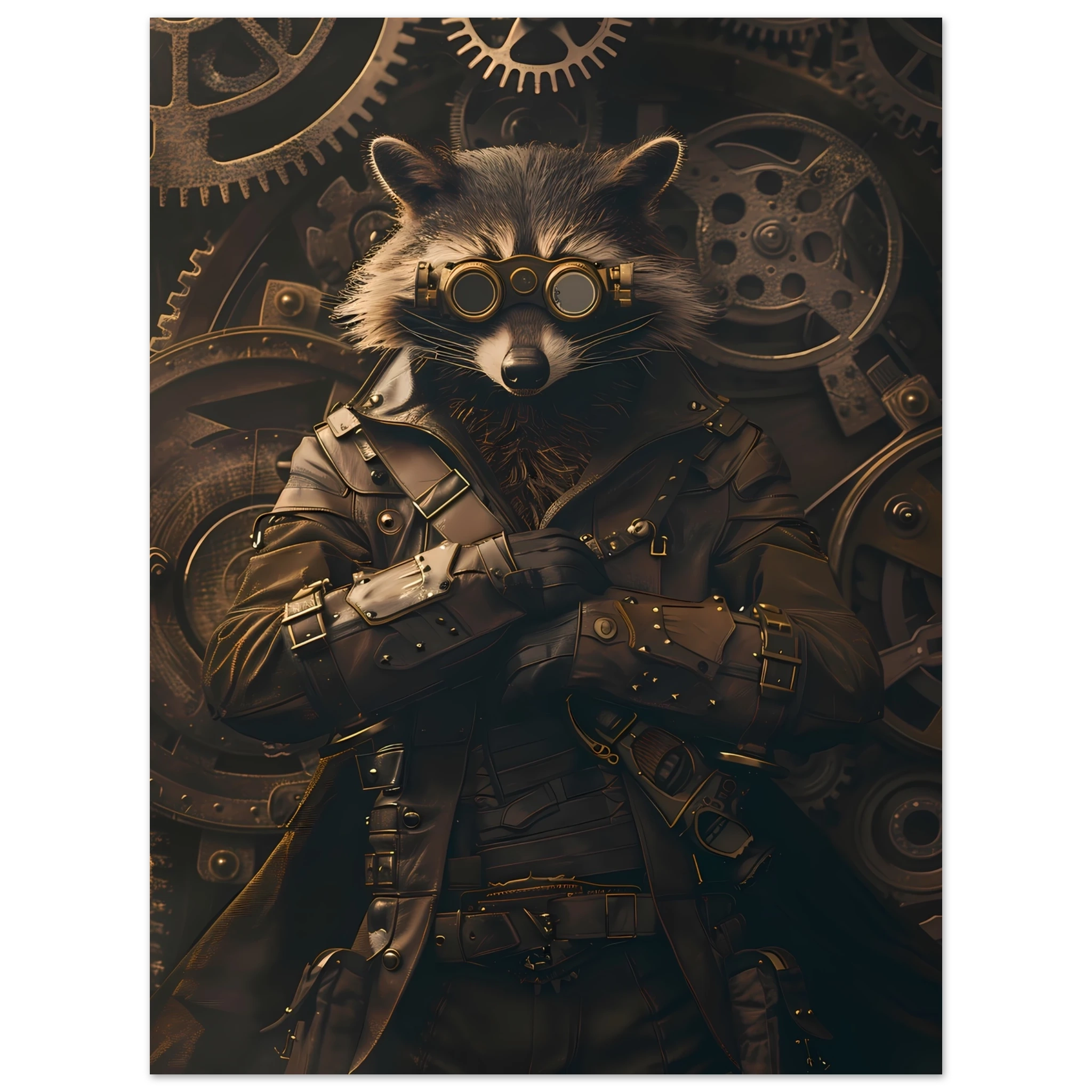 Raccoon in leather gear surrounded by gears and brass pipes — steampunk pet art print.