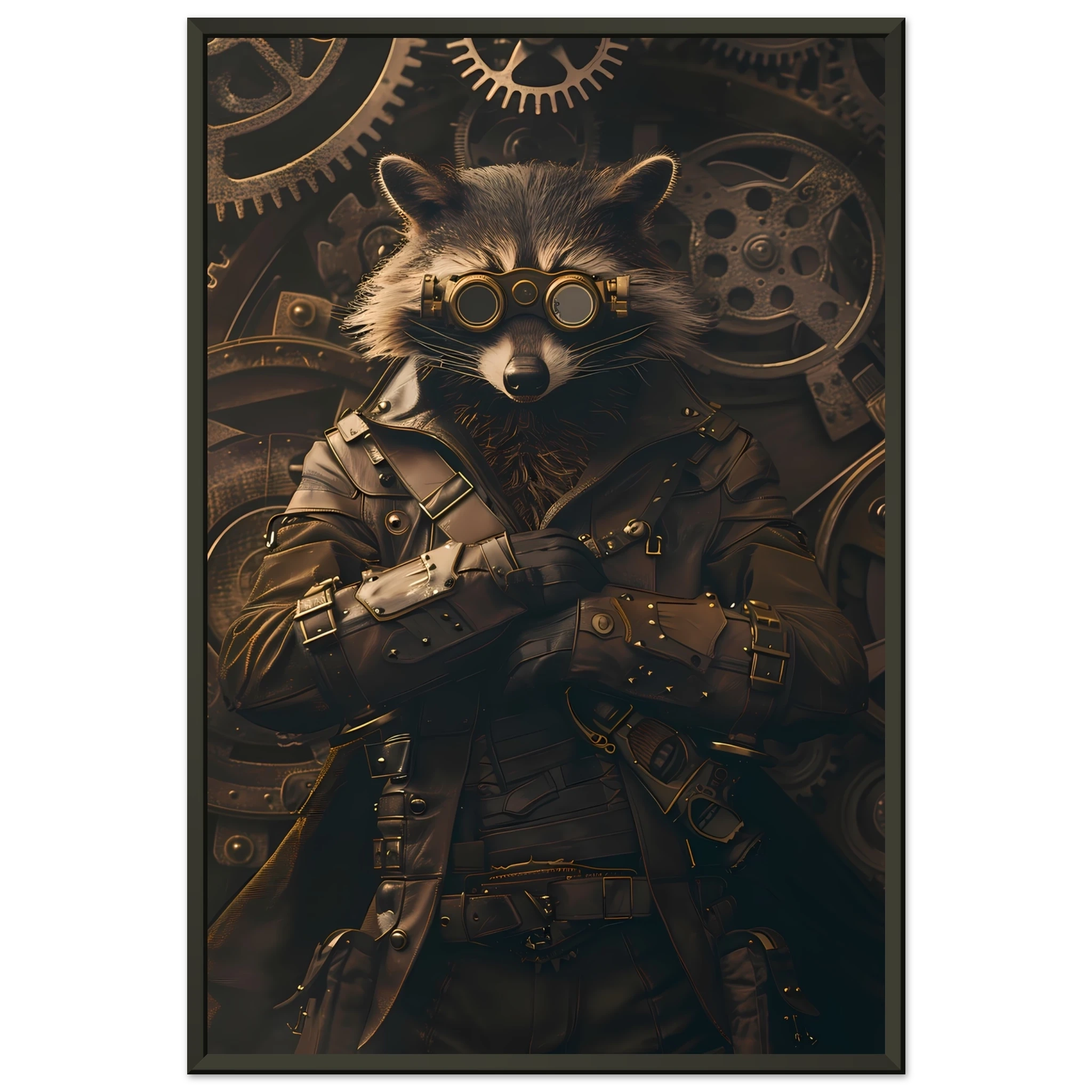 Raccoon in leather gear surrounded by gears and brass pipes — steampunk pet art print.