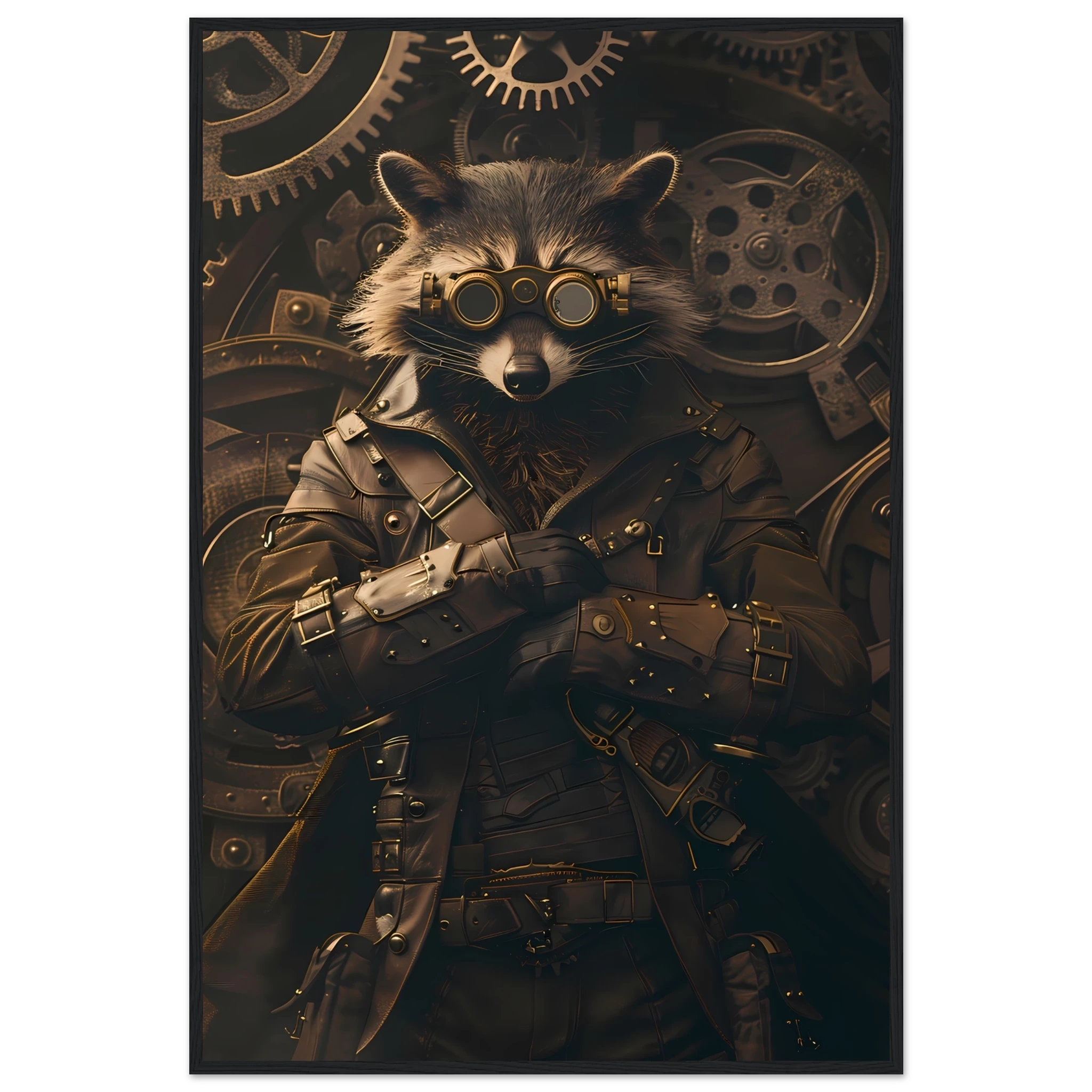 Raccoon in leather gear surrounded by gears and brass pipes — steampunk pet art print.